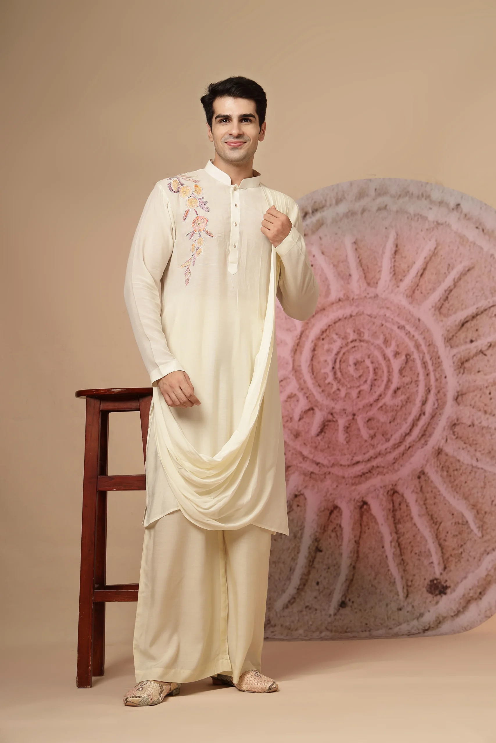Ivory White Draped Cowl Kurta Set from Golden Muslin By Soniya G with subtle embroidery and fluid silhouette