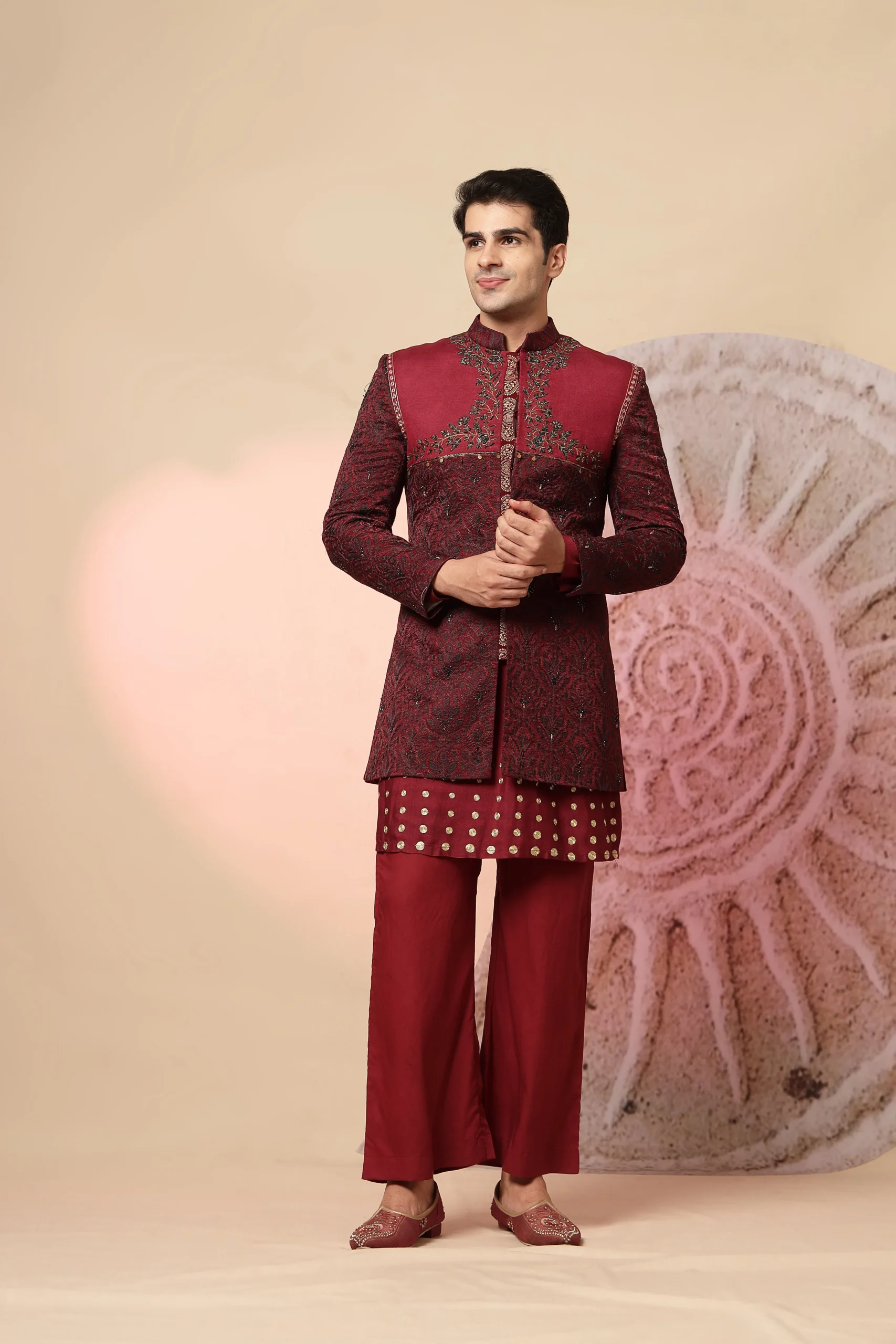 Maroon Indo-Western ensemble with embroidered high-collar jacket and palazzo pants from Golden Muslin By Soniya G