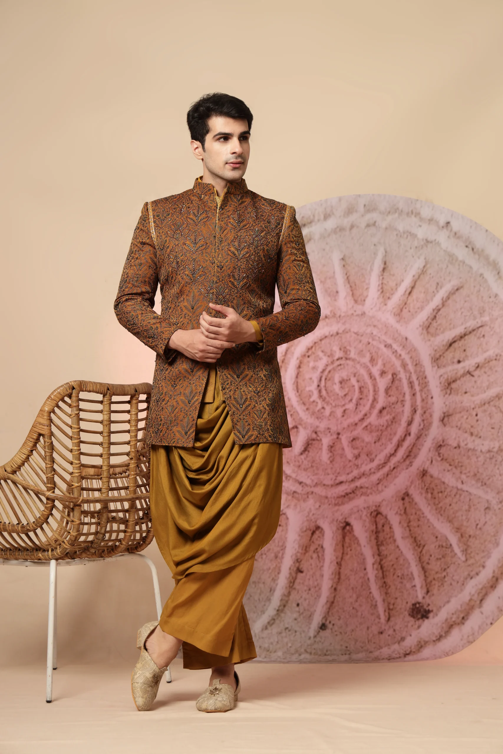 Mustard brown Indo-Western kurta set with draped cowl-style kurta and embroidered jacket from Golden Muslin By Soniya G