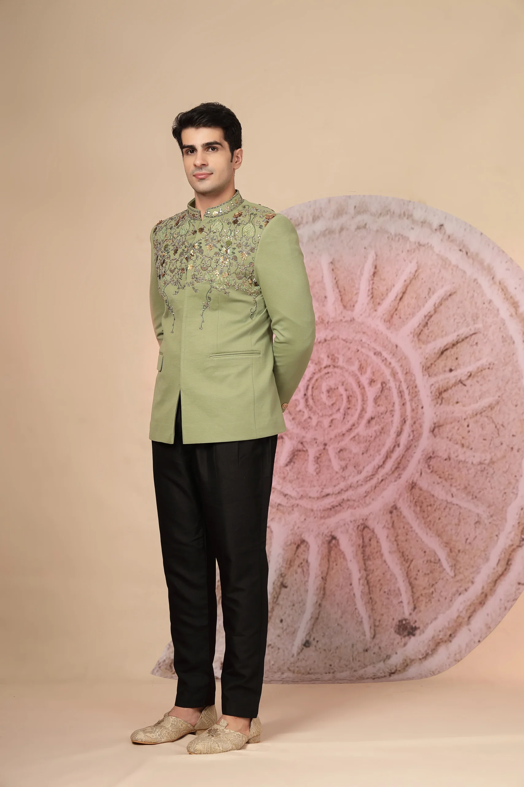 Olive green embroidered jacket set with coordinated trousers from Golden Muslin By Soniya G