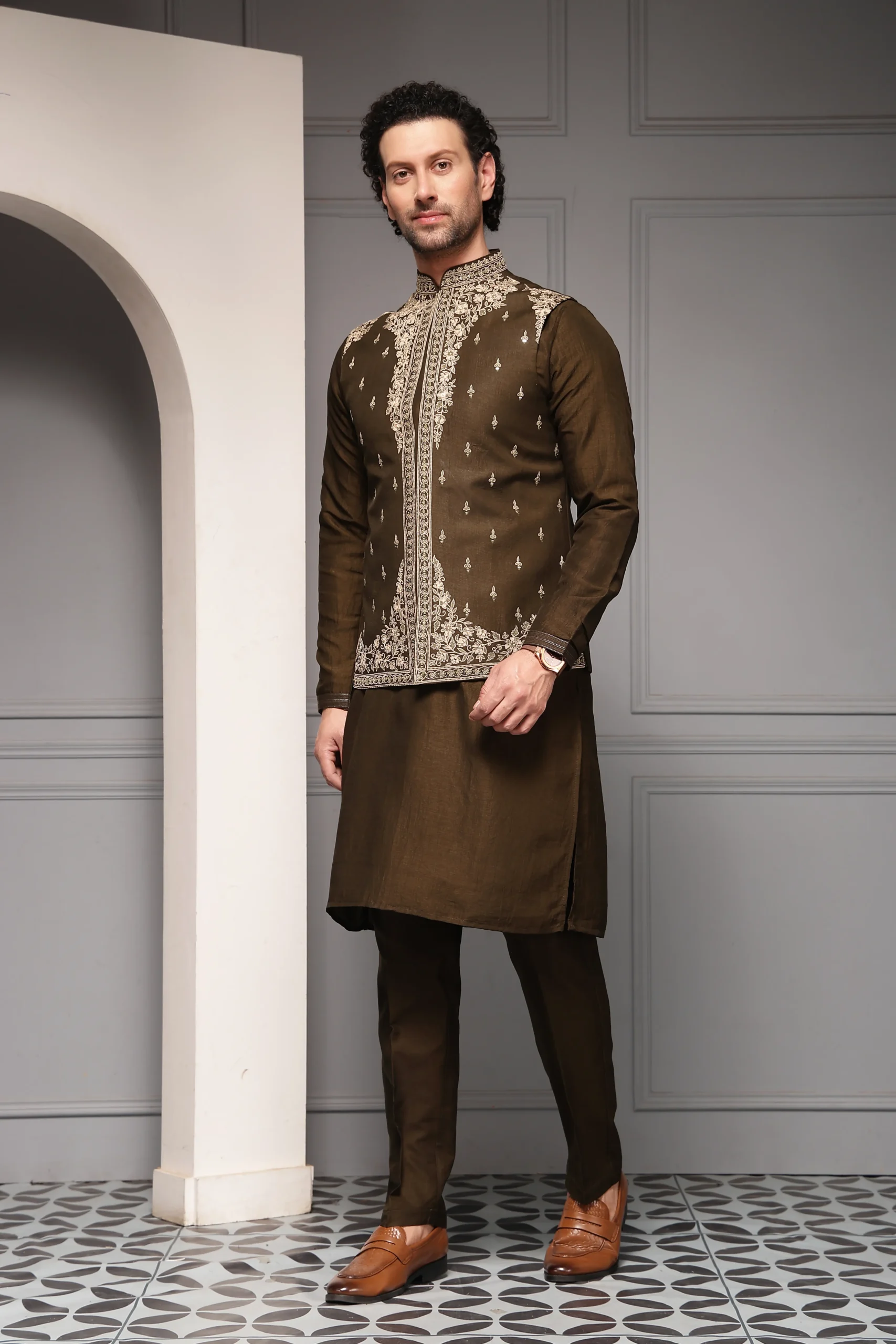 Olive brown linen-silk kurta set with embroidered Nehru jacket and tailored trousers from Golden Muslin By Soniya G