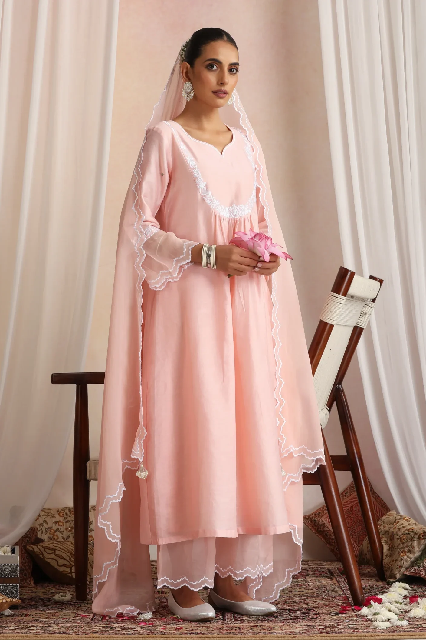 Blush pink layered ethnic kurta set with dupatta from Golden Muslin By Suikala