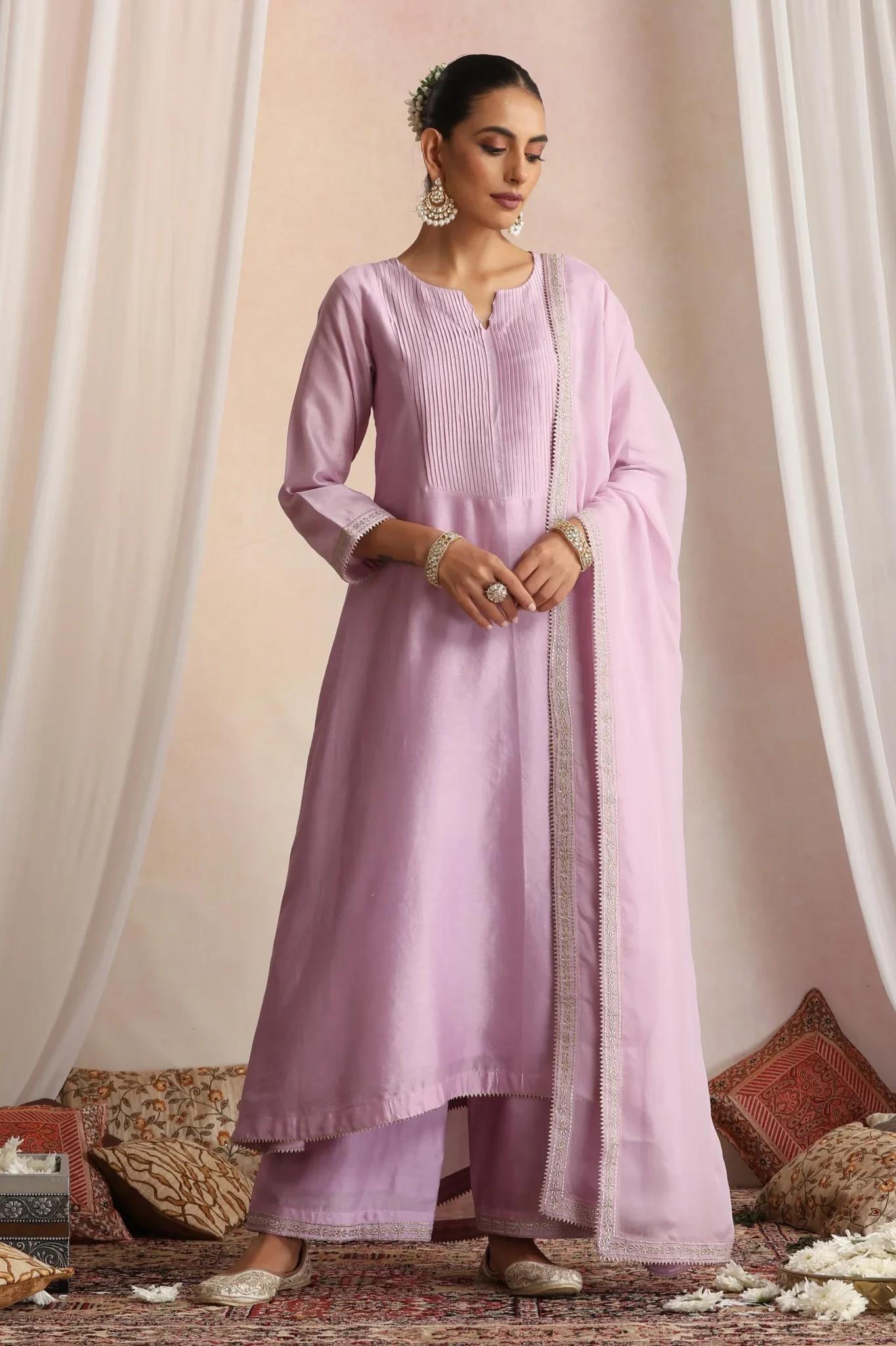 Soft lilac layered ethnic kurta set with dupatta from Golden Muslin By Suikala
