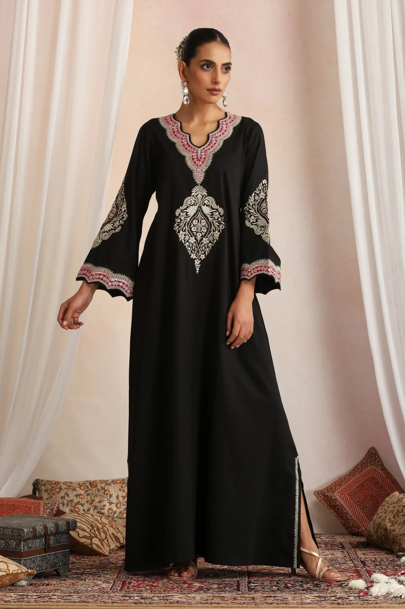 Black embroidered kaftan set with metallic zari yoke from Golden Muslin By Suikala
