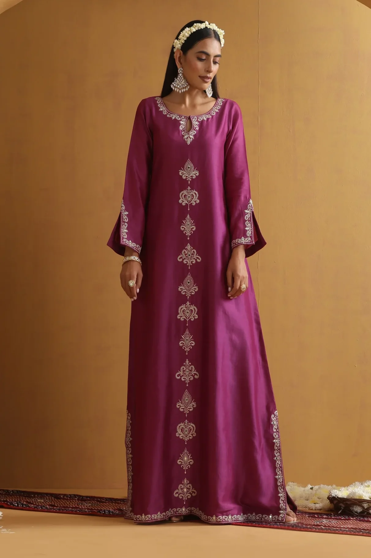 Elegant wine embroidered floor length kaftan from Golden Muslin By Suikala