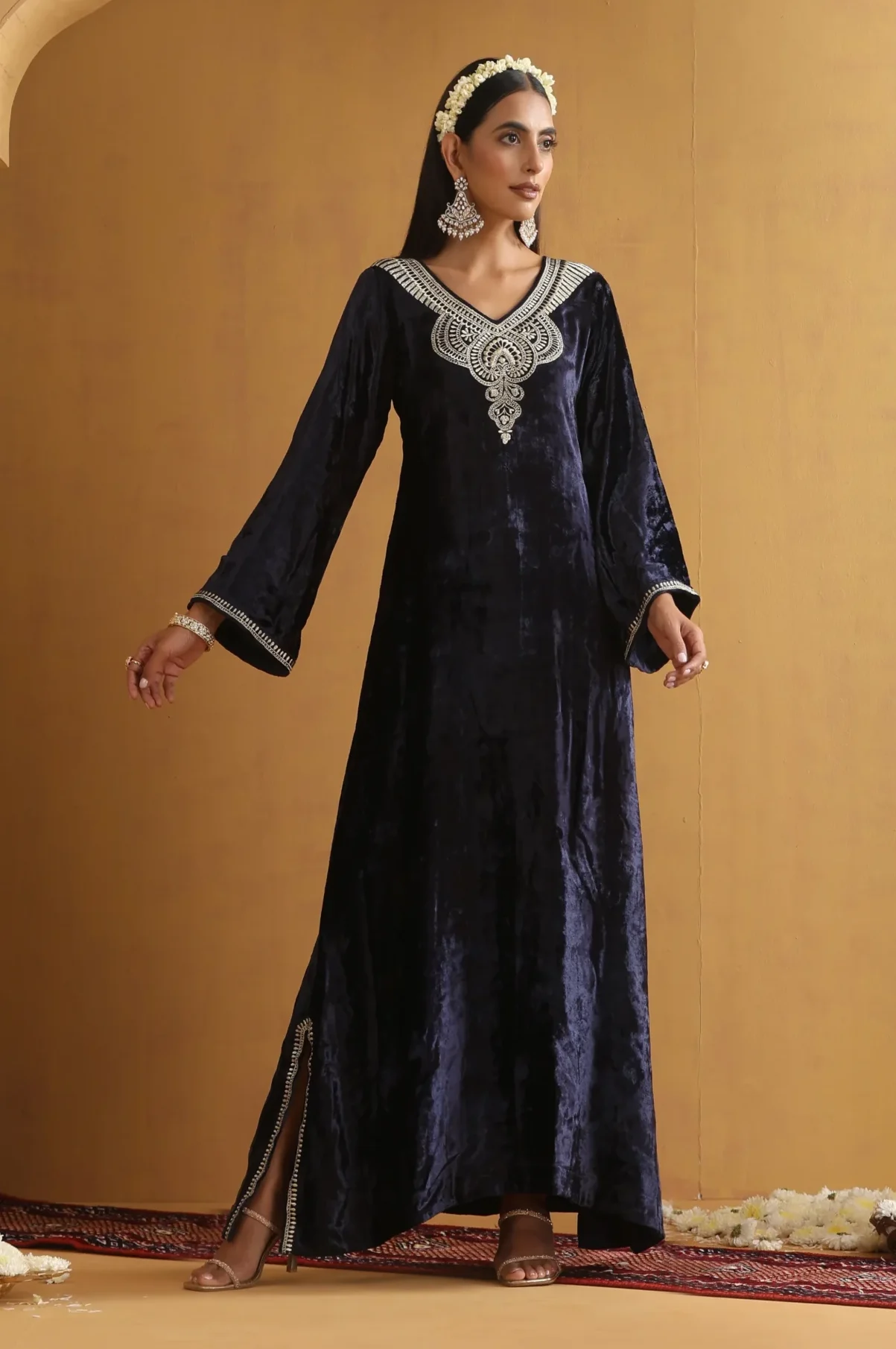 Sophisticated navy blue embroidered ethnic kaftan with V neck from Golden Muslin By Suikala