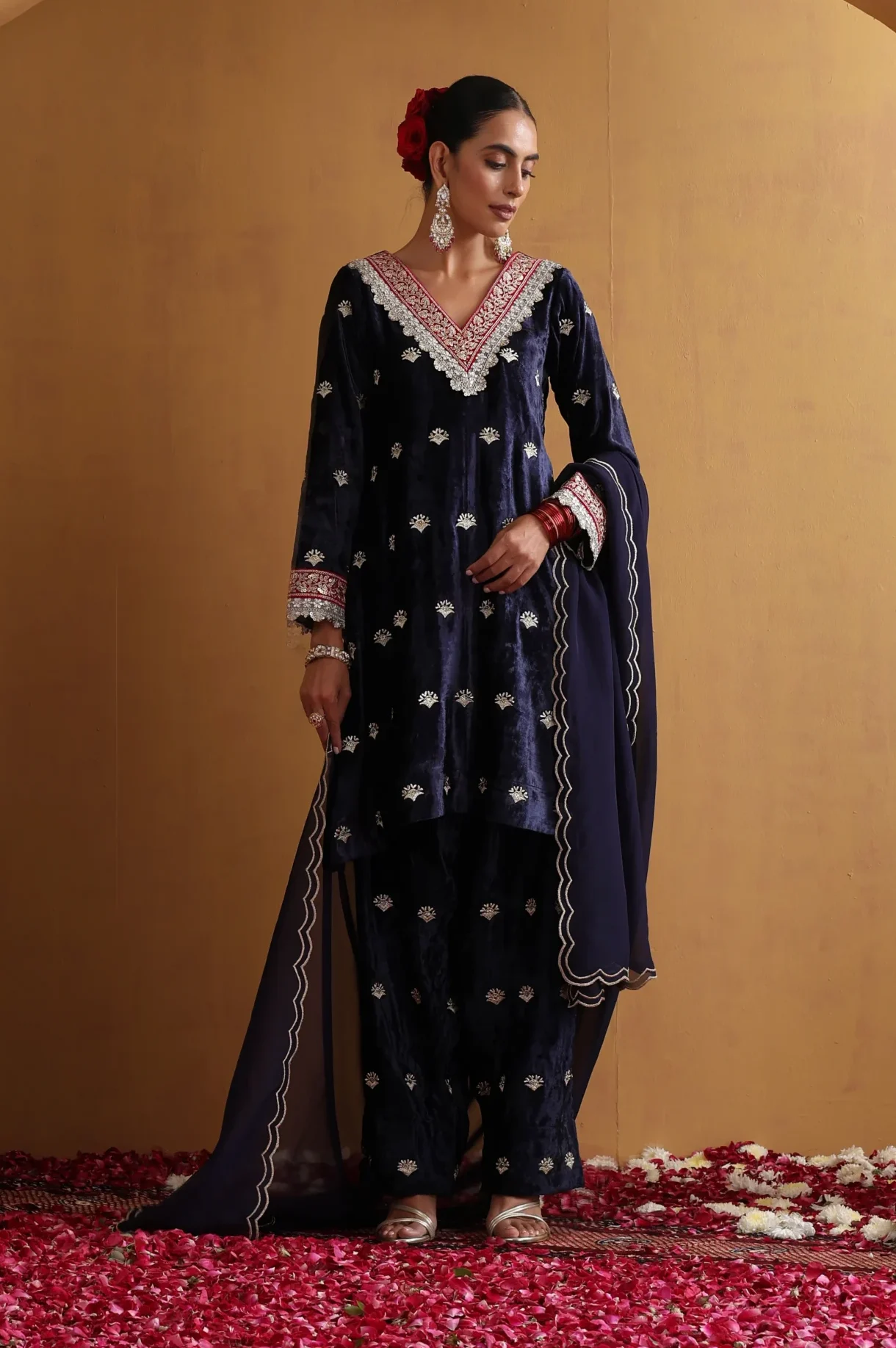 Sophisticated navy blue embroidered ethnic suit set with dupatta from Golden Muslin By Suikala