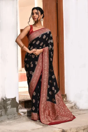 Black Banarasi Crepe Chiffon Silk Saree with Gold Zari Buta from Golden Muslin By Naaritva Banaras