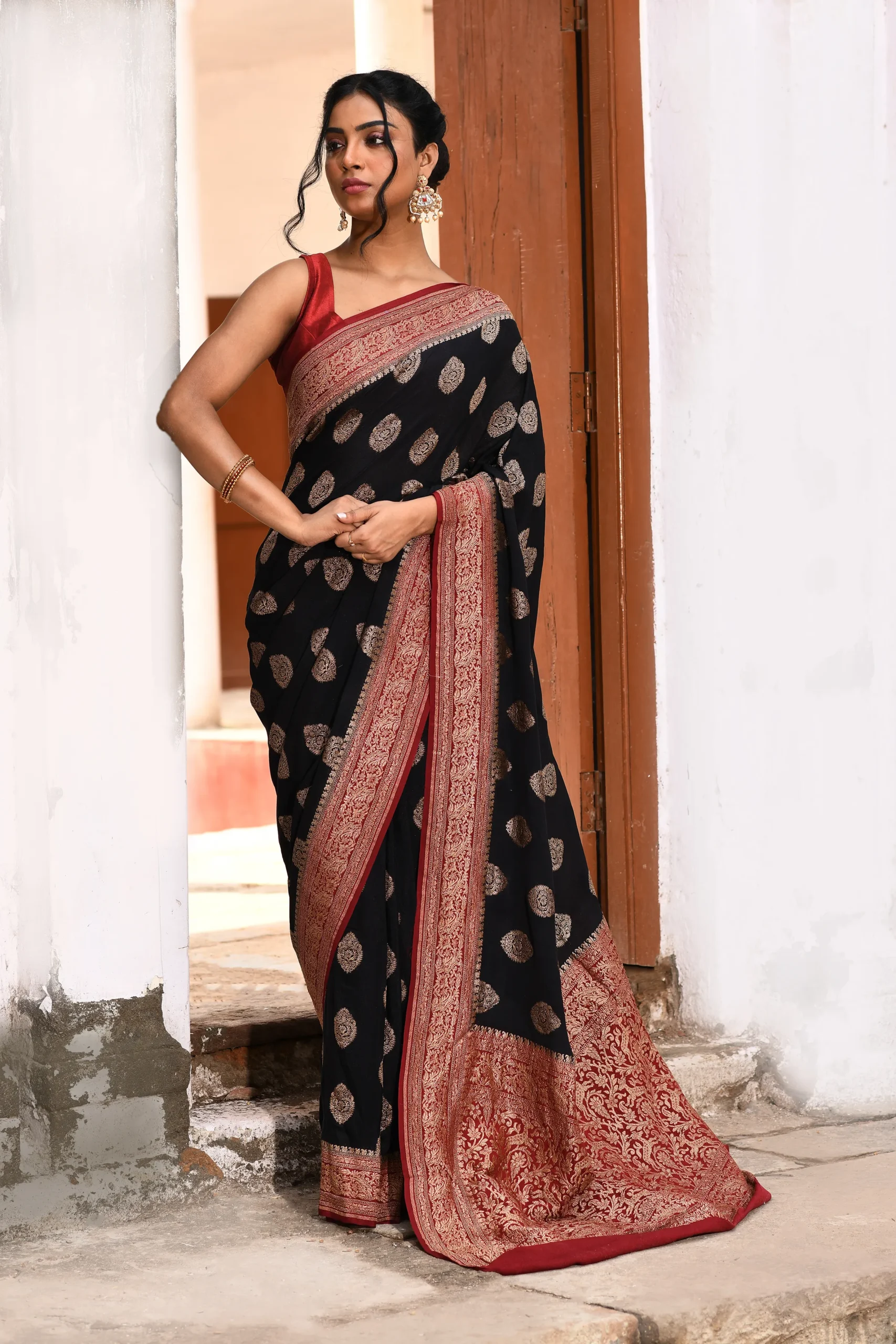 Black Banarasi Crepe Chiffon Silk Saree with Gold Zari Buta from Golden Muslin By Naaritva Banaras