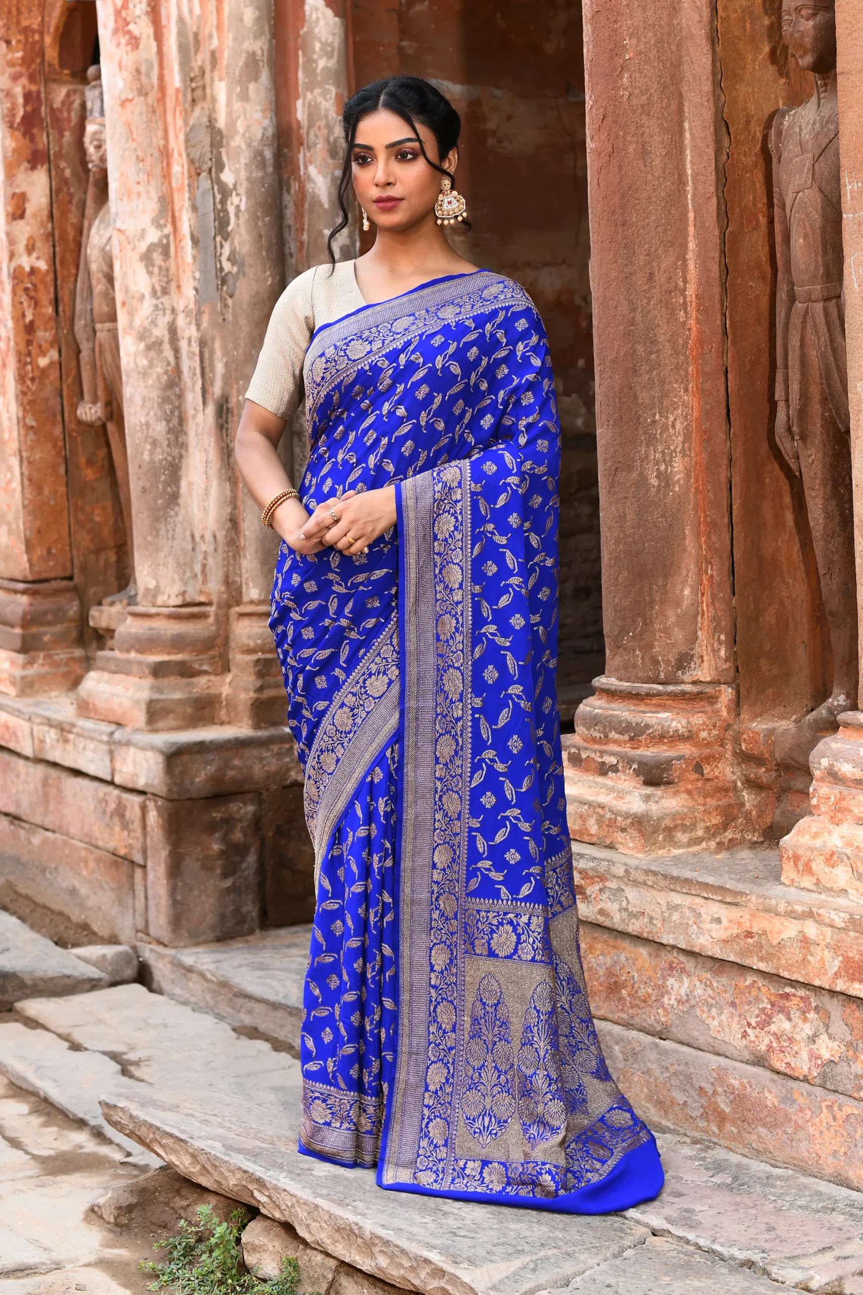 Royal Blue Banarasi Silk Saree with Gold Zari Flower Jaal from Golden Muslin By Naaritva Banaras