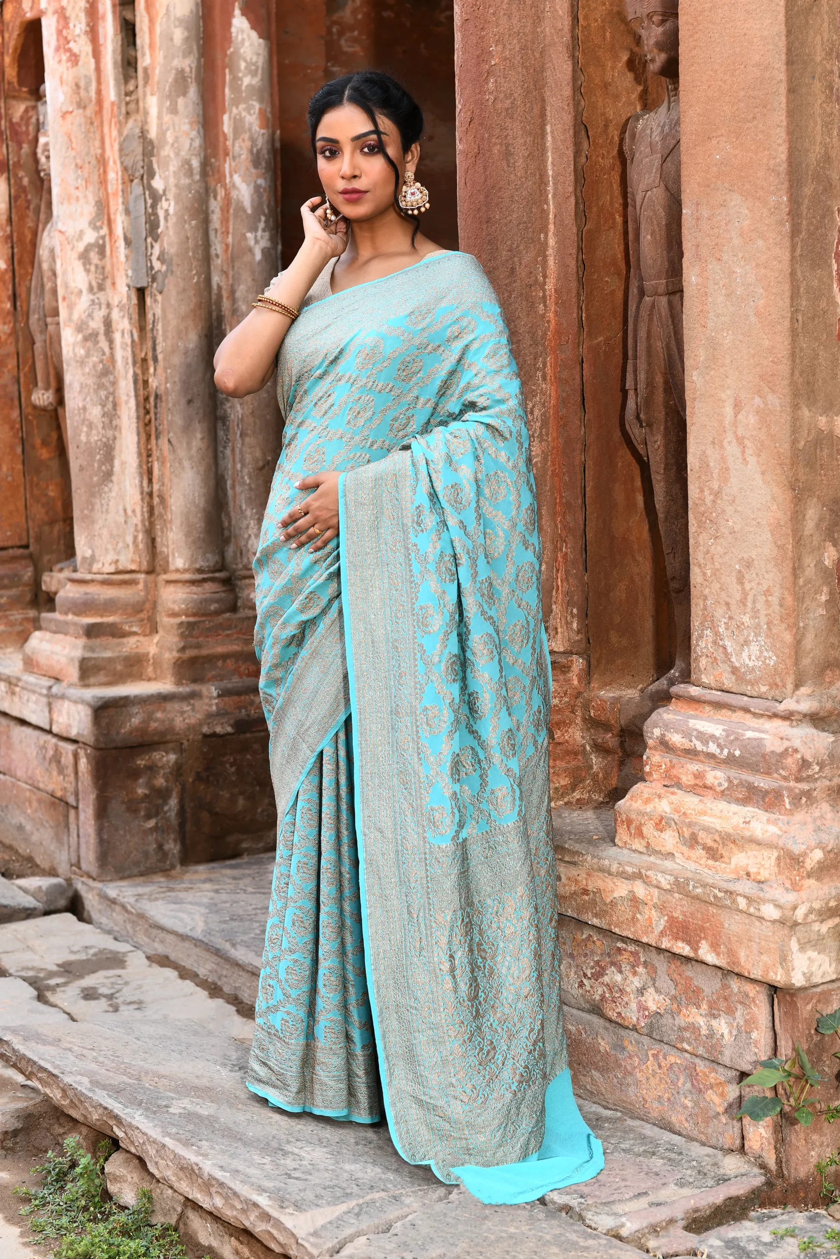 Teal Green Banarasi Silk Saree with Gold Zari Flower Jaal from Golden Muslin By Naaritva Banaras
