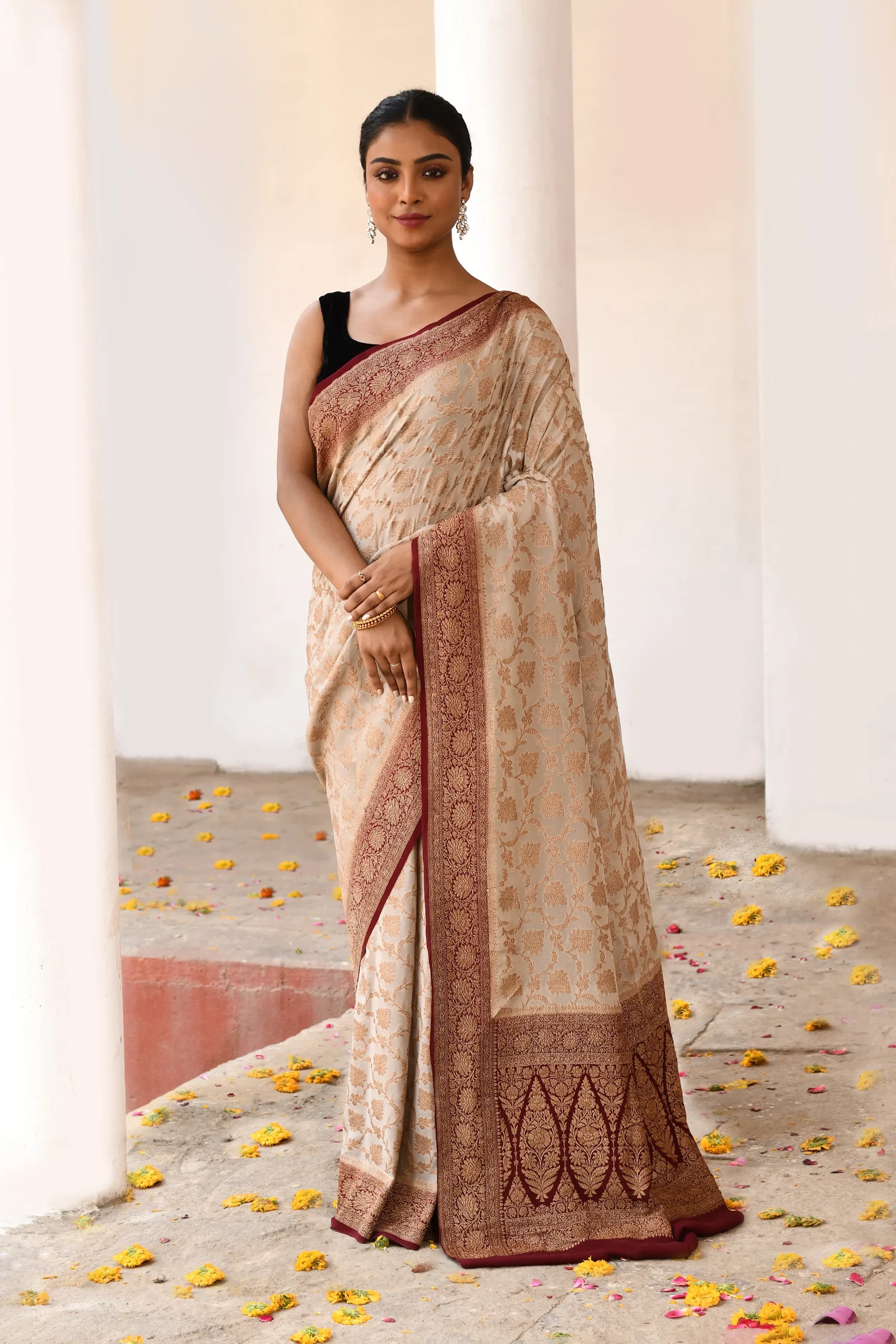 Creme Banarasi Silk Saree with Gold Zari Flower Jaal from Golden Muslin By Naaritva Banaras