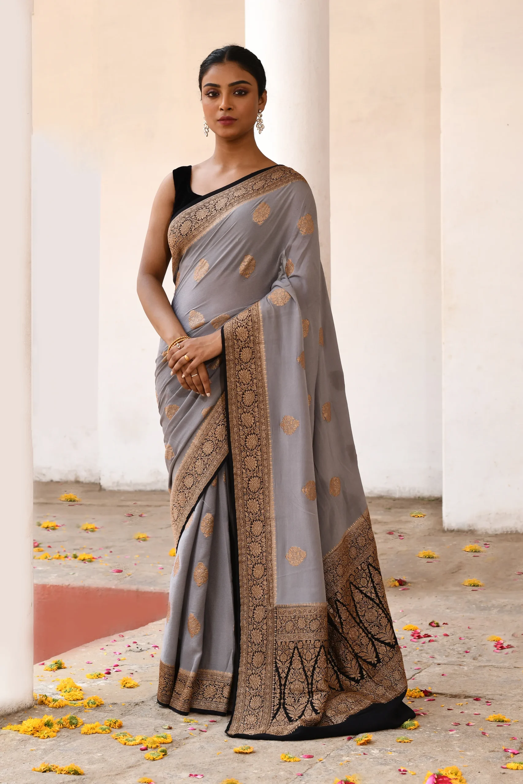 Grey Banarasi Silk Saree with Gold Zari Buta from Golden Muslin By Naaritva Banaras
