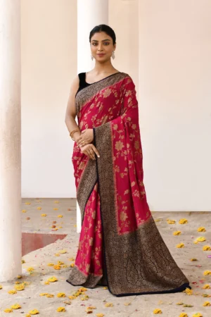 Magenta Banarasi Silk Saree with Gold Zari Buta from Golden Muslin By Naaritva Banaras