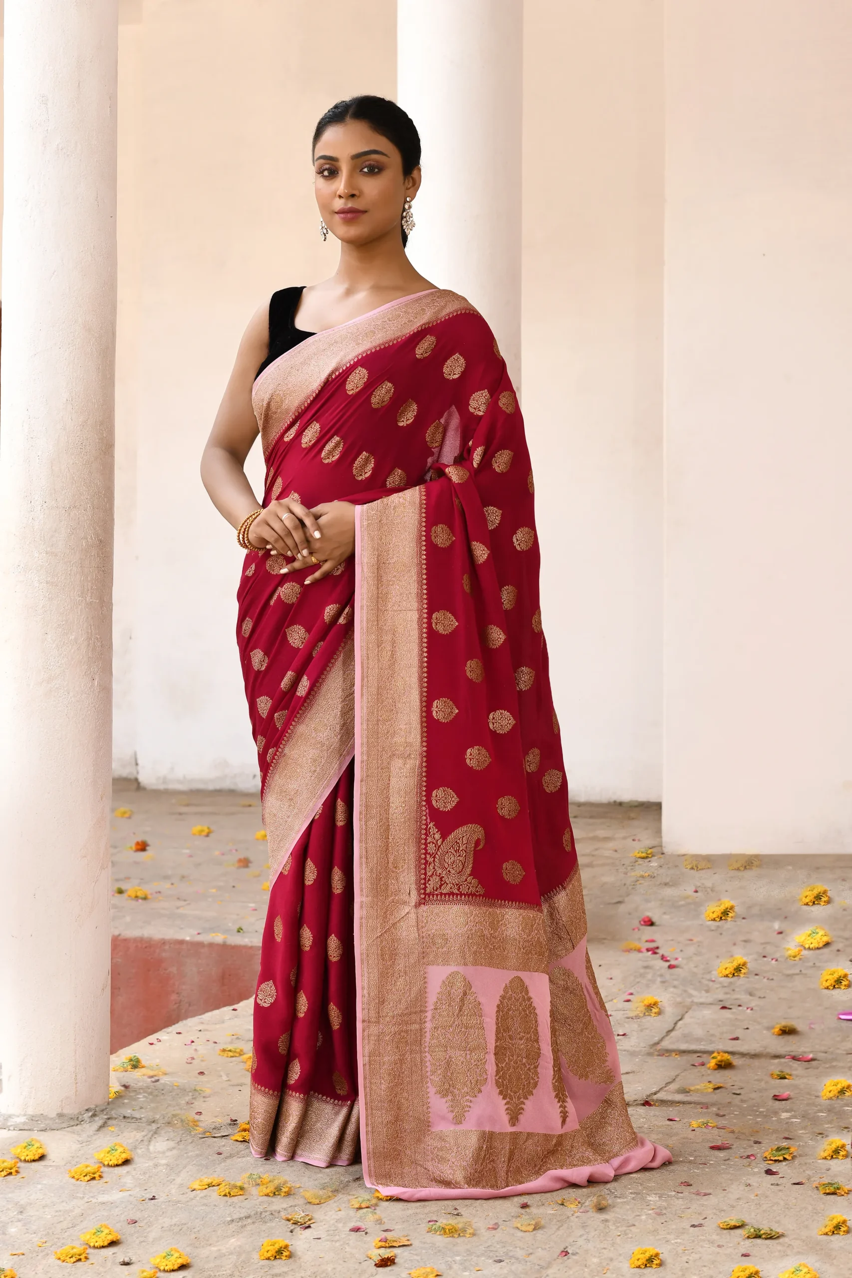Red Banarasi Crepe Chiffon Silk Saree with Gold Zari Buta from Golden Muslin By Naaritva Banaras