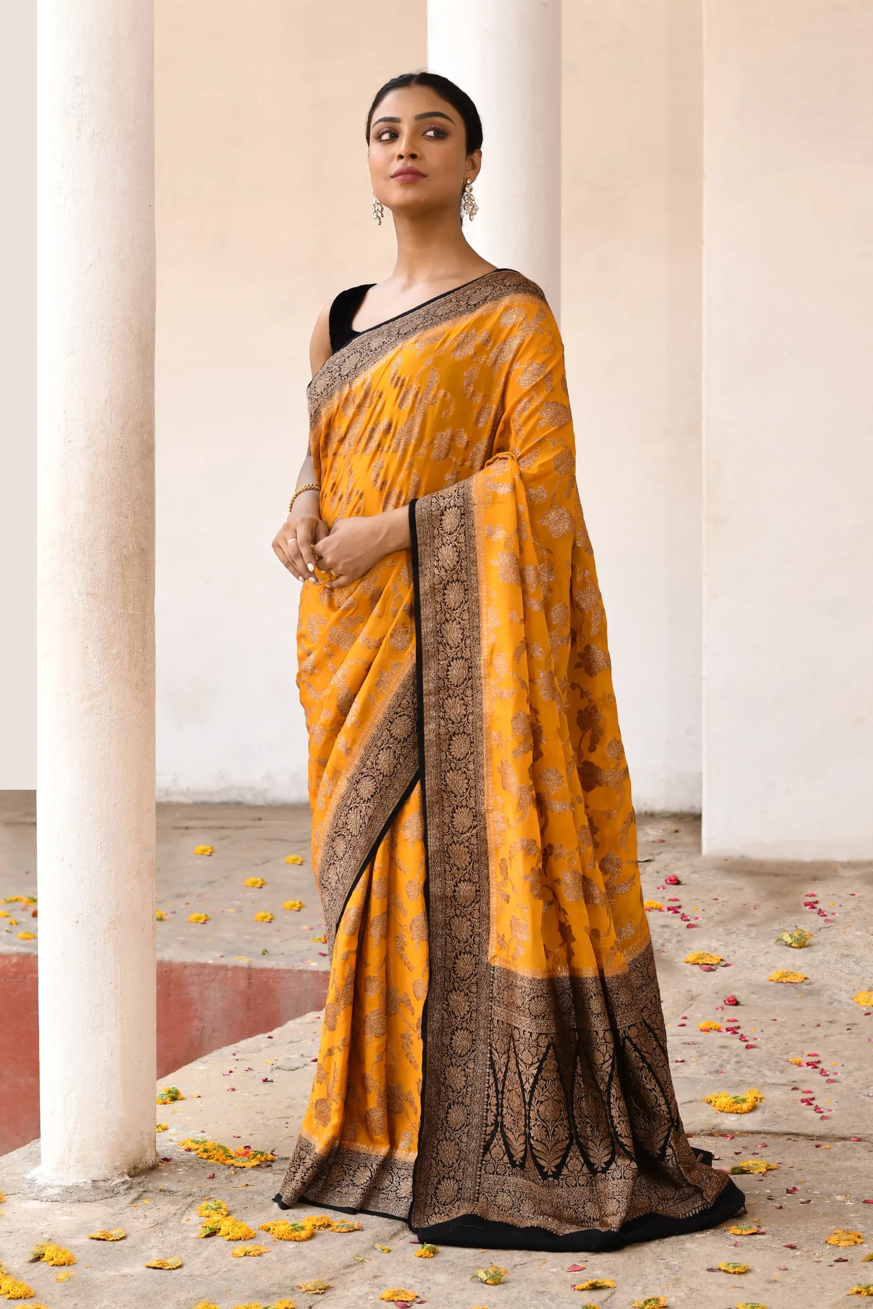 Yellow Banarasi Silk Saree with Gold Zari Flower Jaal from Golden Muslin By Naaritva Banaras