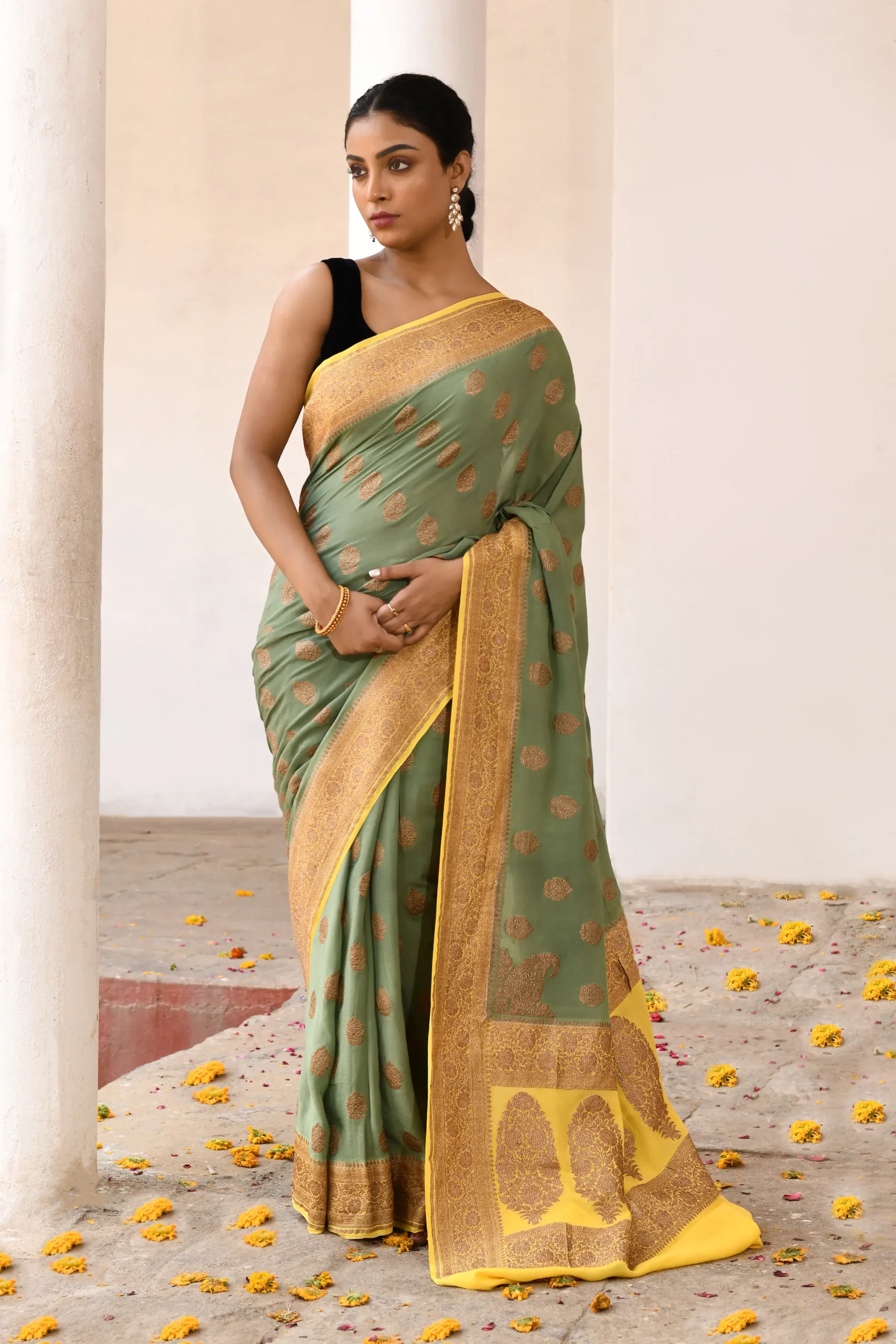 Grass green pure Banarasi crape chiffon silk saree with gold zari butas from Golden Muslin by Naaritva Banaras