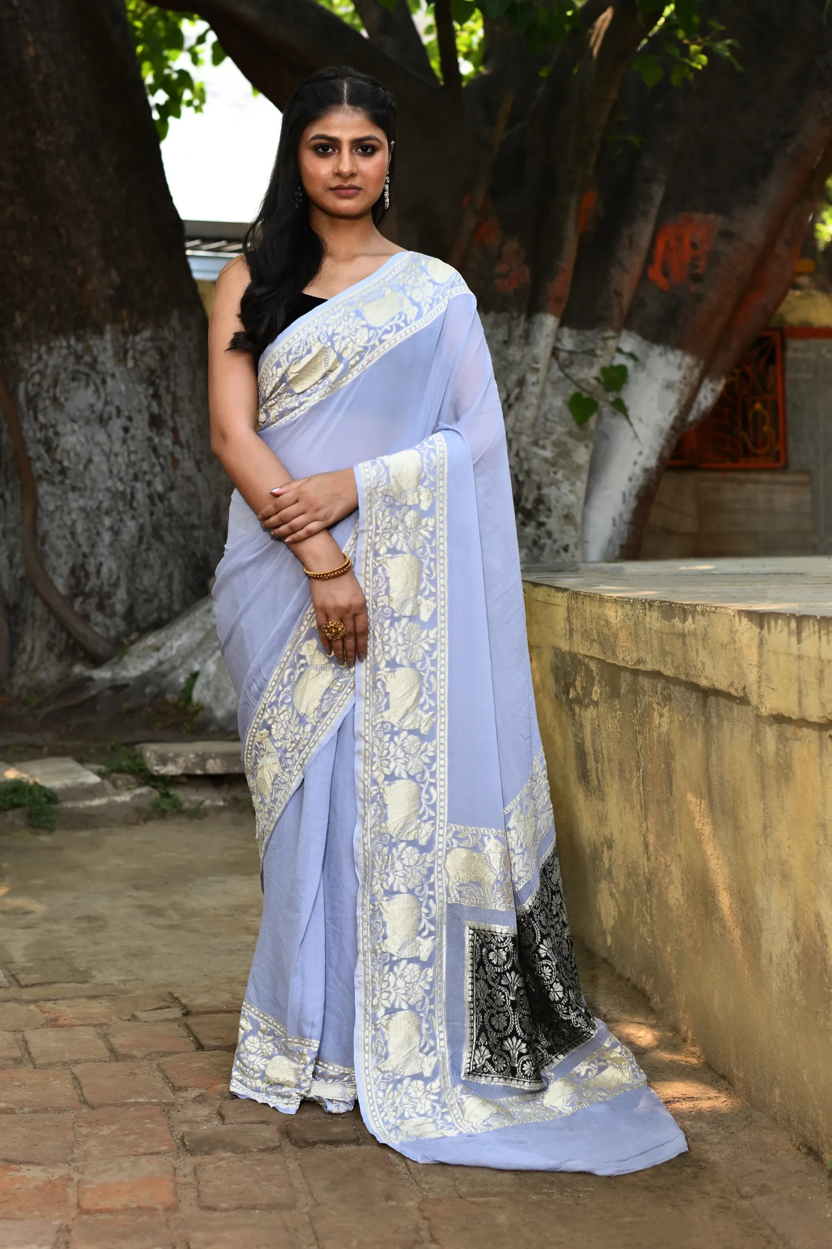 Lilac pure Banarasi crape chiffon silk saree with silver zari from Golden Muslin by Naaritva Banaras