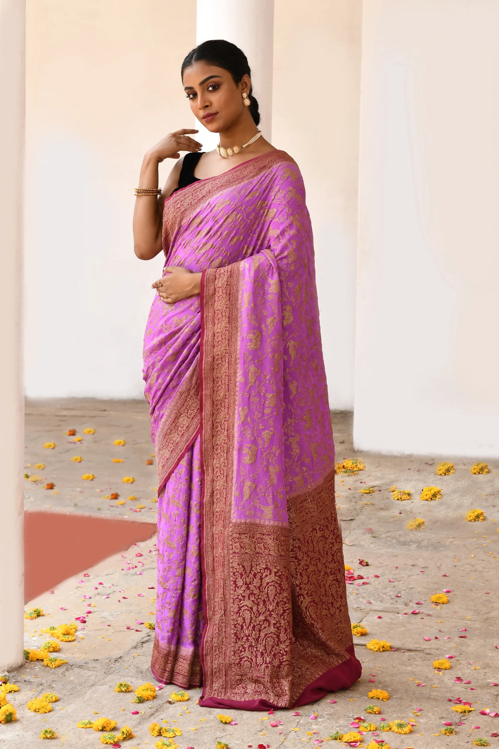 Hot pink premium silk saree with gold zari flower jaal from Golden Muslin by Naaritva Banaras