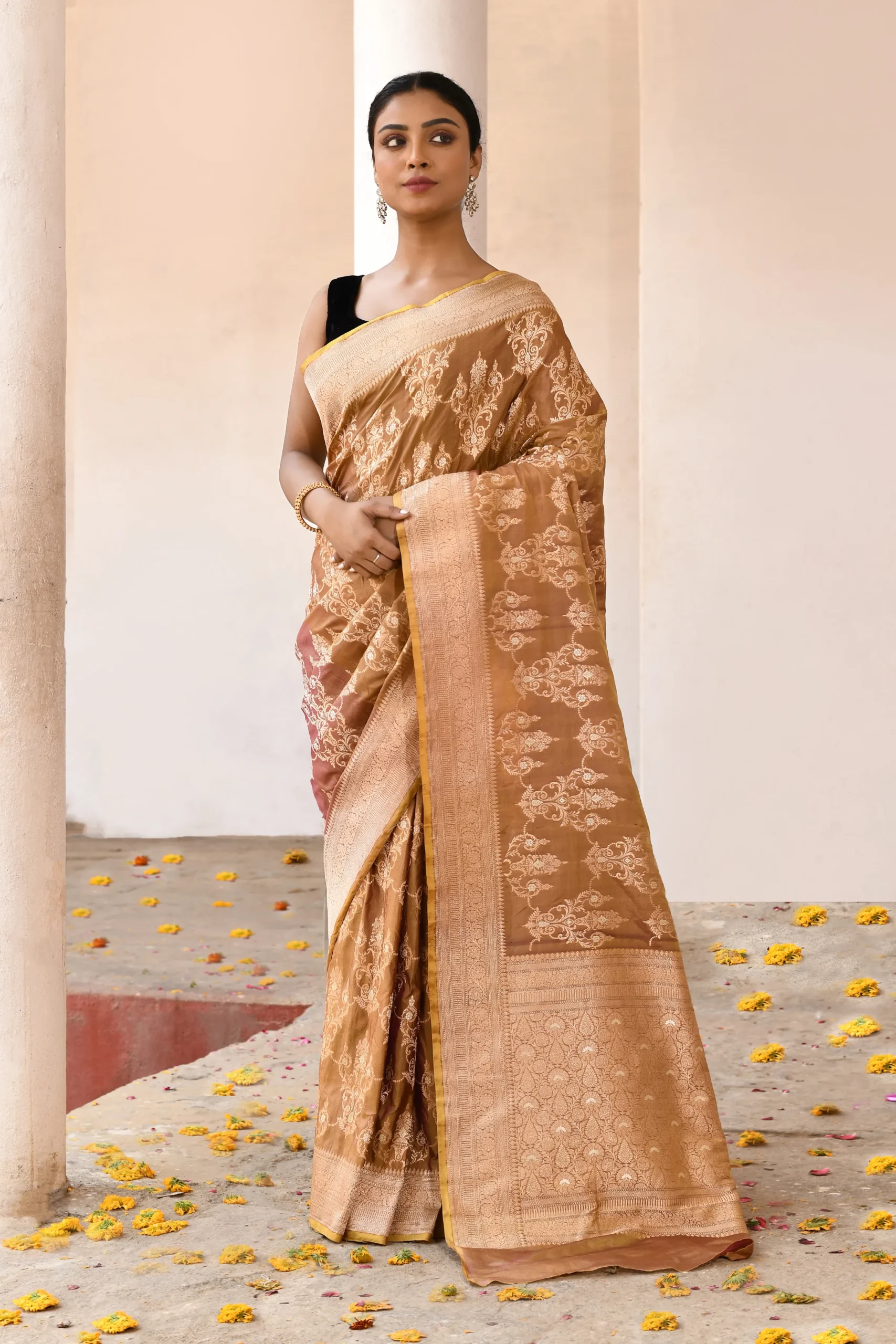 Caramel beige pure Banarasi katan silk saree handwoven with gold and sona zari jaal from Golden Muslin by Naaritva Banaras
