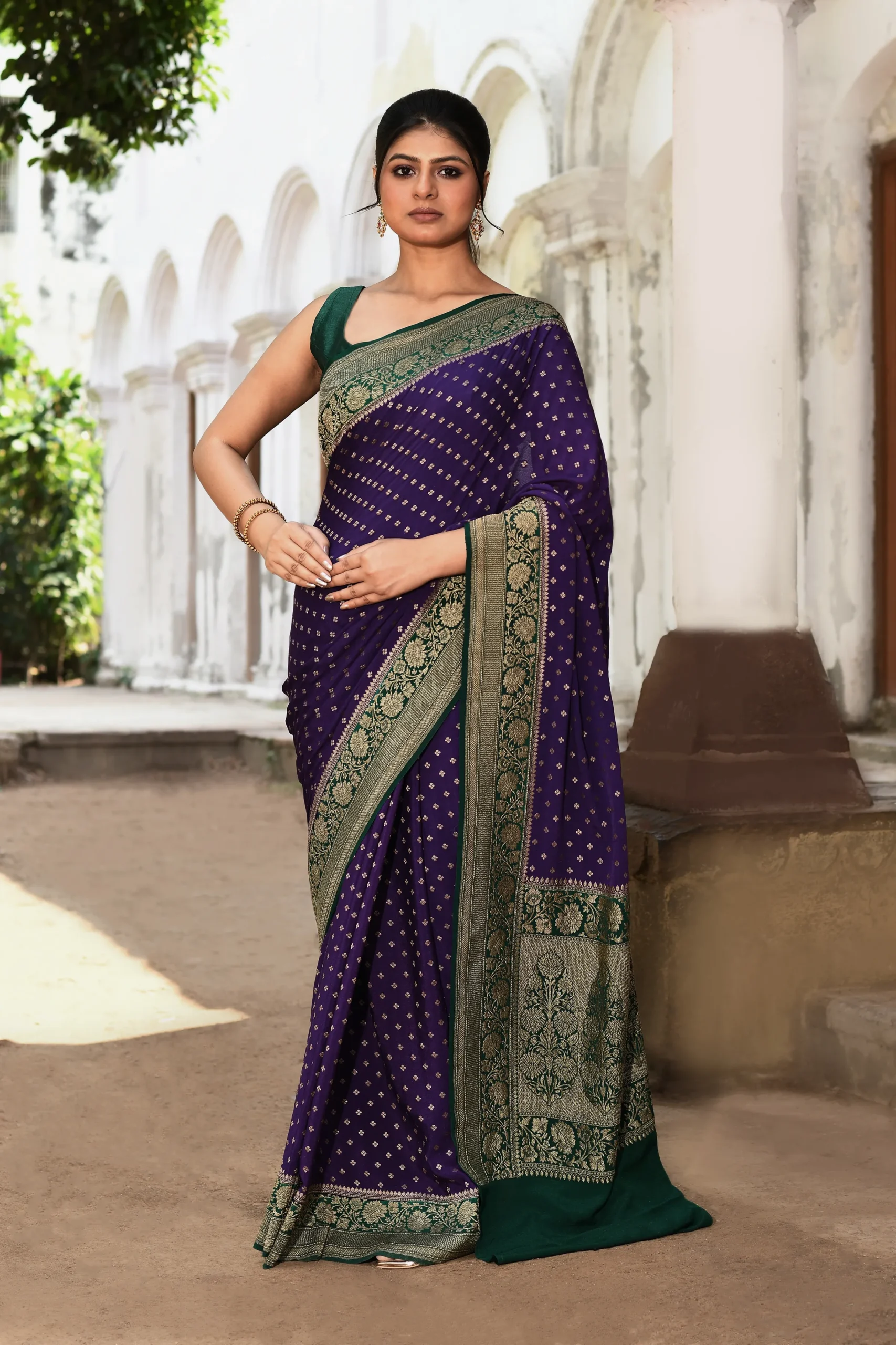 Deep Purple Banarasi Silk Saree with Gold Zari Buti Motifs from Golden Muslin By Naaritva Banaras