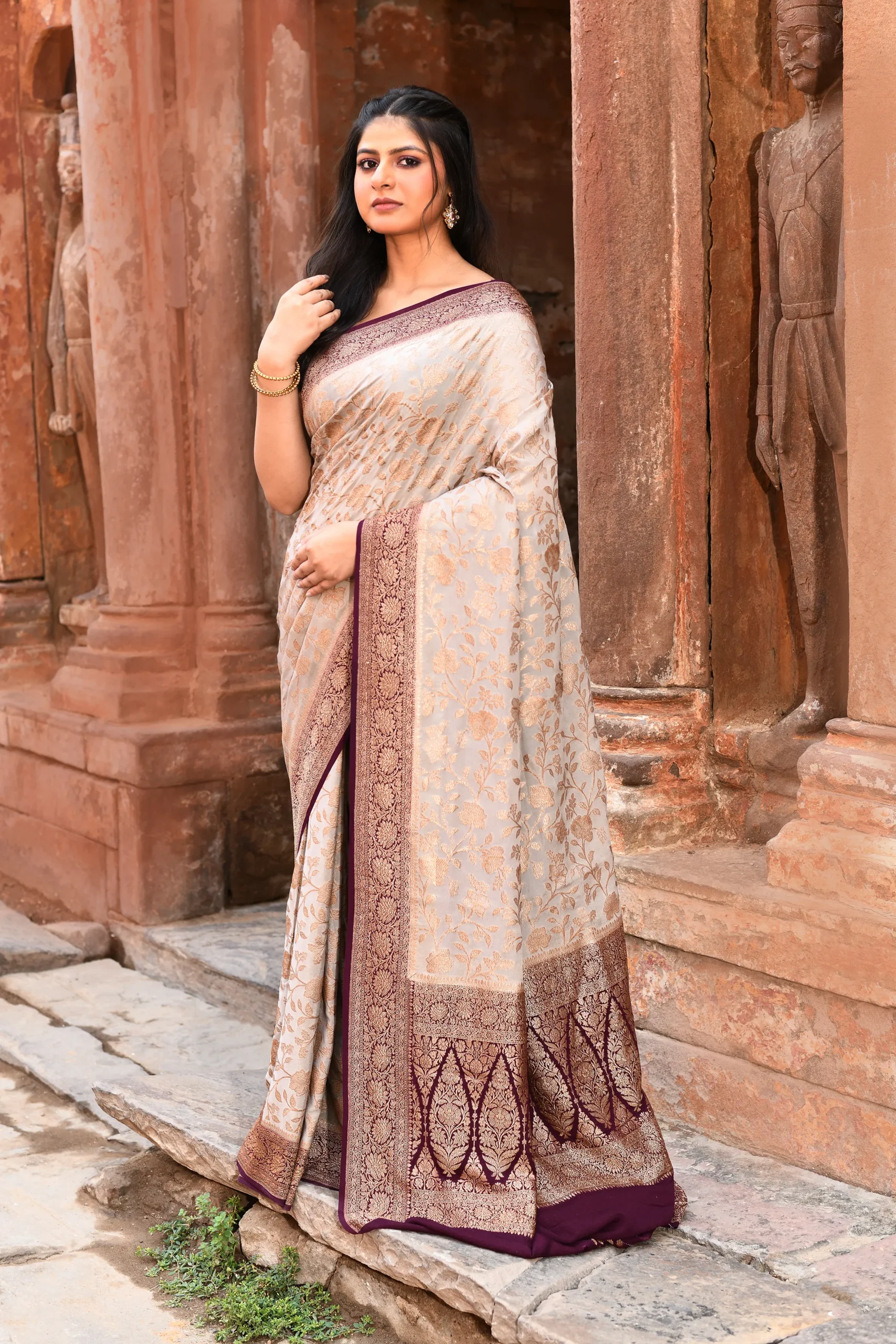 Light Beige Banarasi Silk Saree with Gold Zari Leaf Jaal from Golden Muslin By Naaritva Banaras