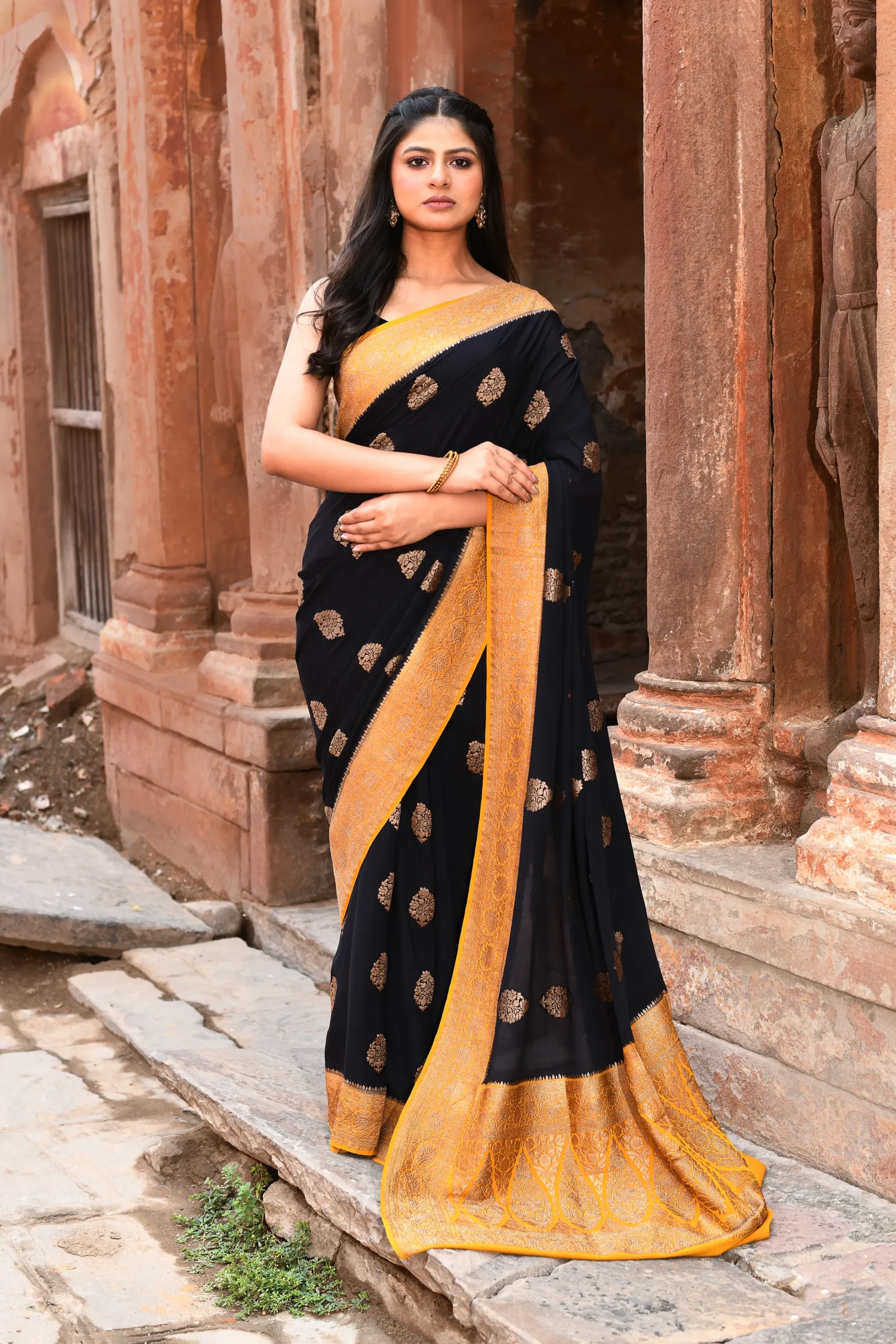 Deep Black Banarasi Silk Saree with Gold Zari Buta Motifs from Golden Muslin By Naaritva Banaras