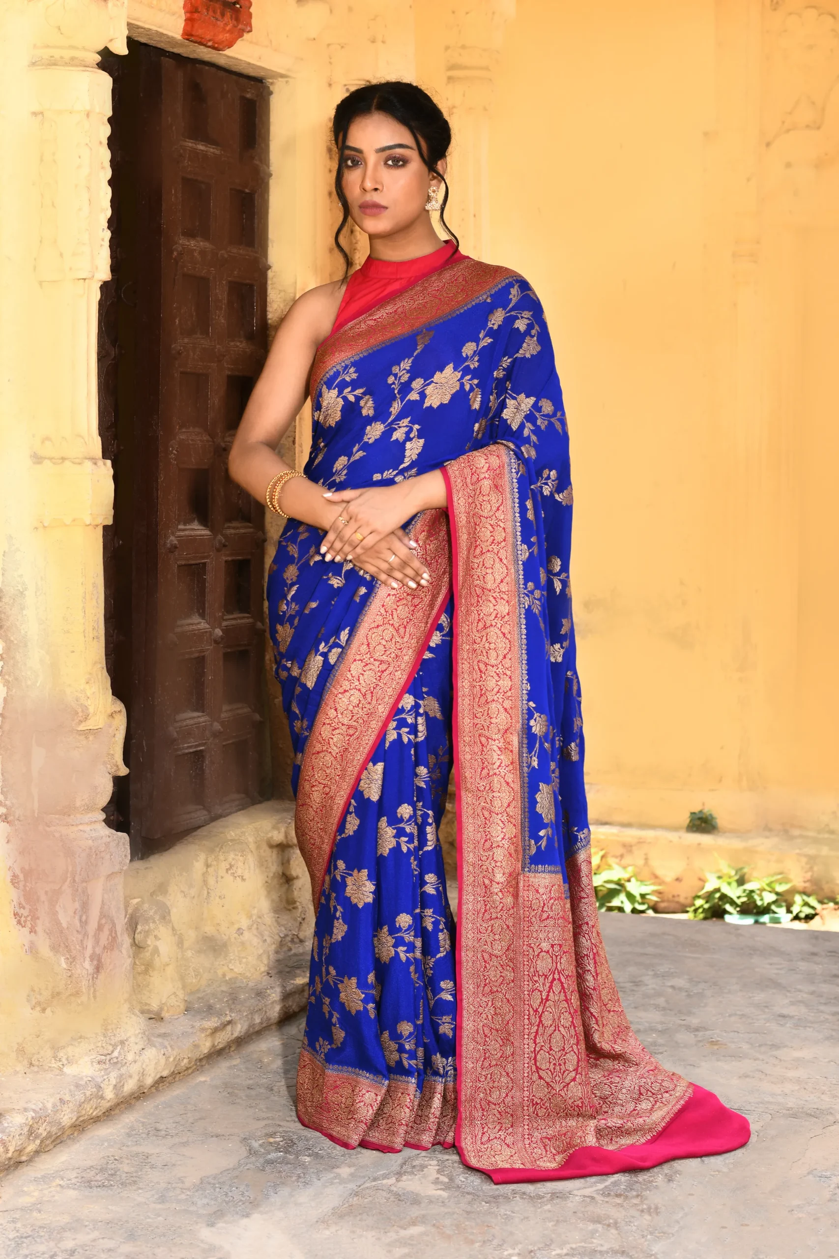 Royal Blue Banarasi Silk Saree with Gold Zari Floral Jaal from Golden Muslin By Naaritva Banaras