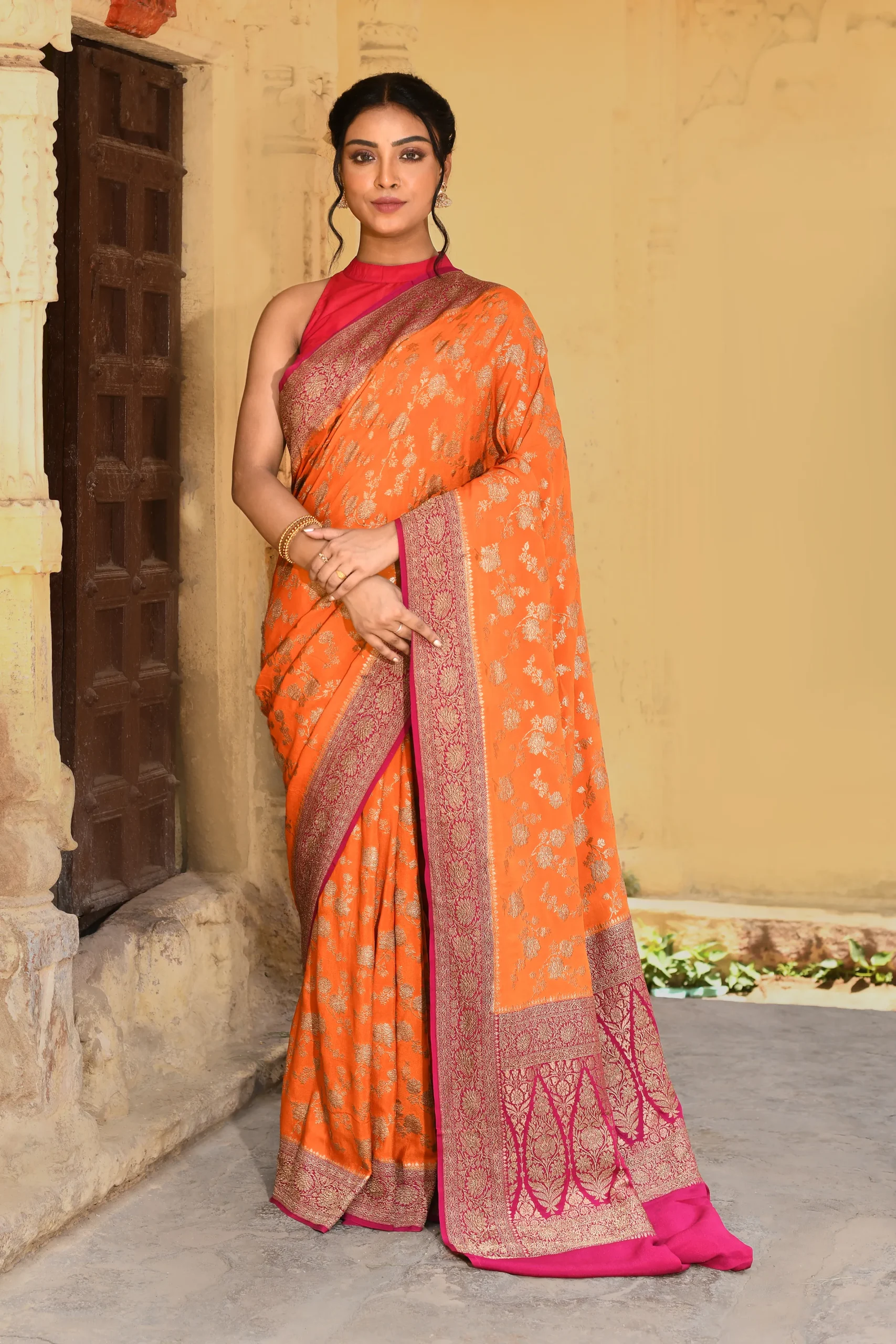 Vibrant Orange Banarasi Silk Saree with Gold Zari Floral Jaal from Golden Muslin By Naaritva Banaras
