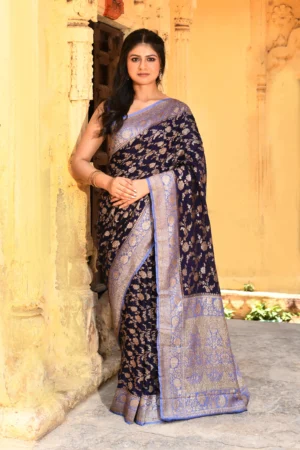 Navy Blue Banarasi Silk Saree with Silver Zari Jaal Buta from Golden Muslin By Naaritva Banaras