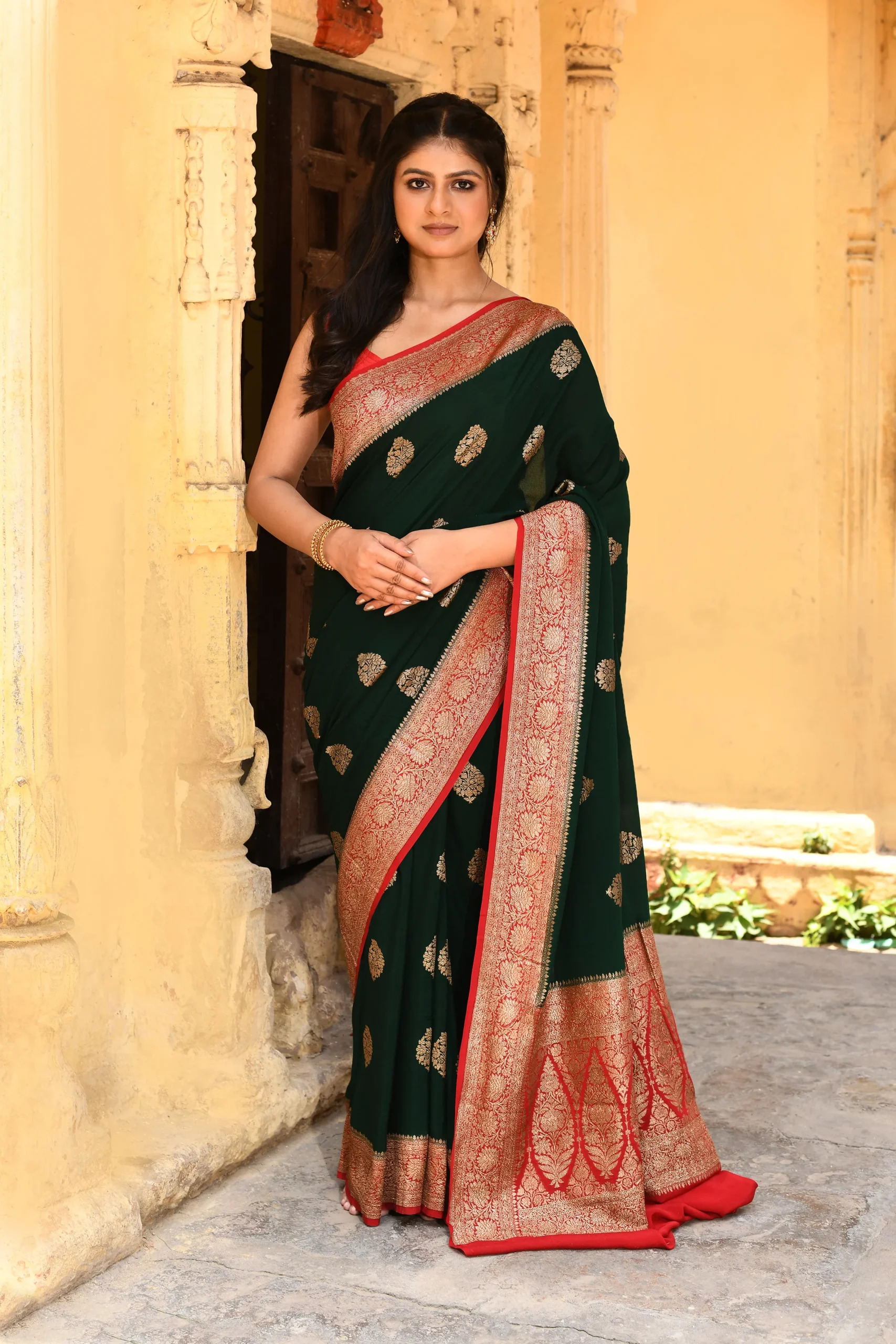 Emerald Green Banarasi Silk Saree with Gold Zari Buta from Golden Muslin By Naaritva Banaras