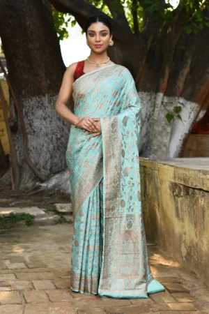 Aqua Blue Banarasi Silk Saree with Silver Zari Floral Jaal from Golden Muslin By Naaritva Banaras