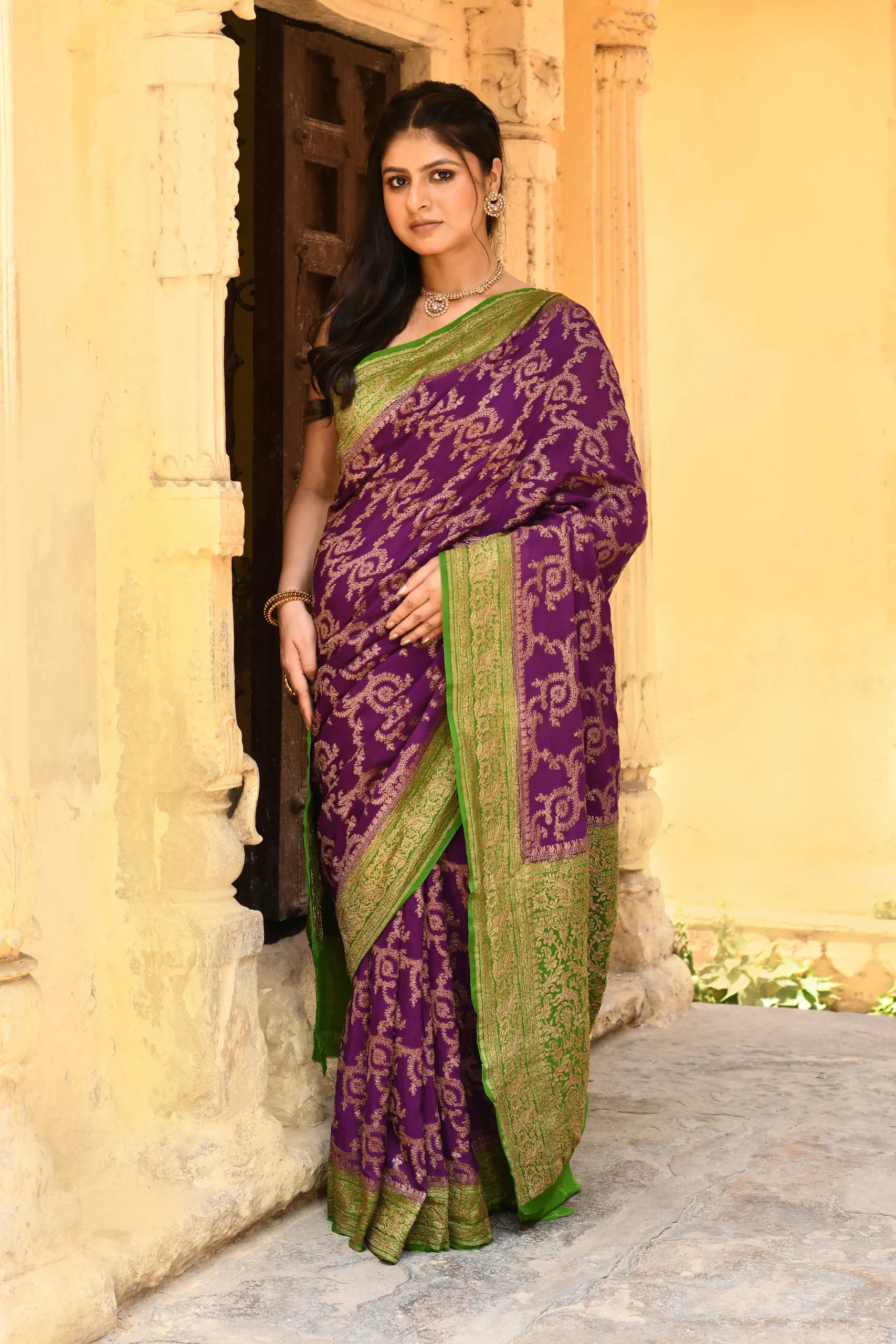 Purple Banarasi Silk Saree with Gold Zari Jaal Buta from Golden Muslin By Naaritva Banaras
