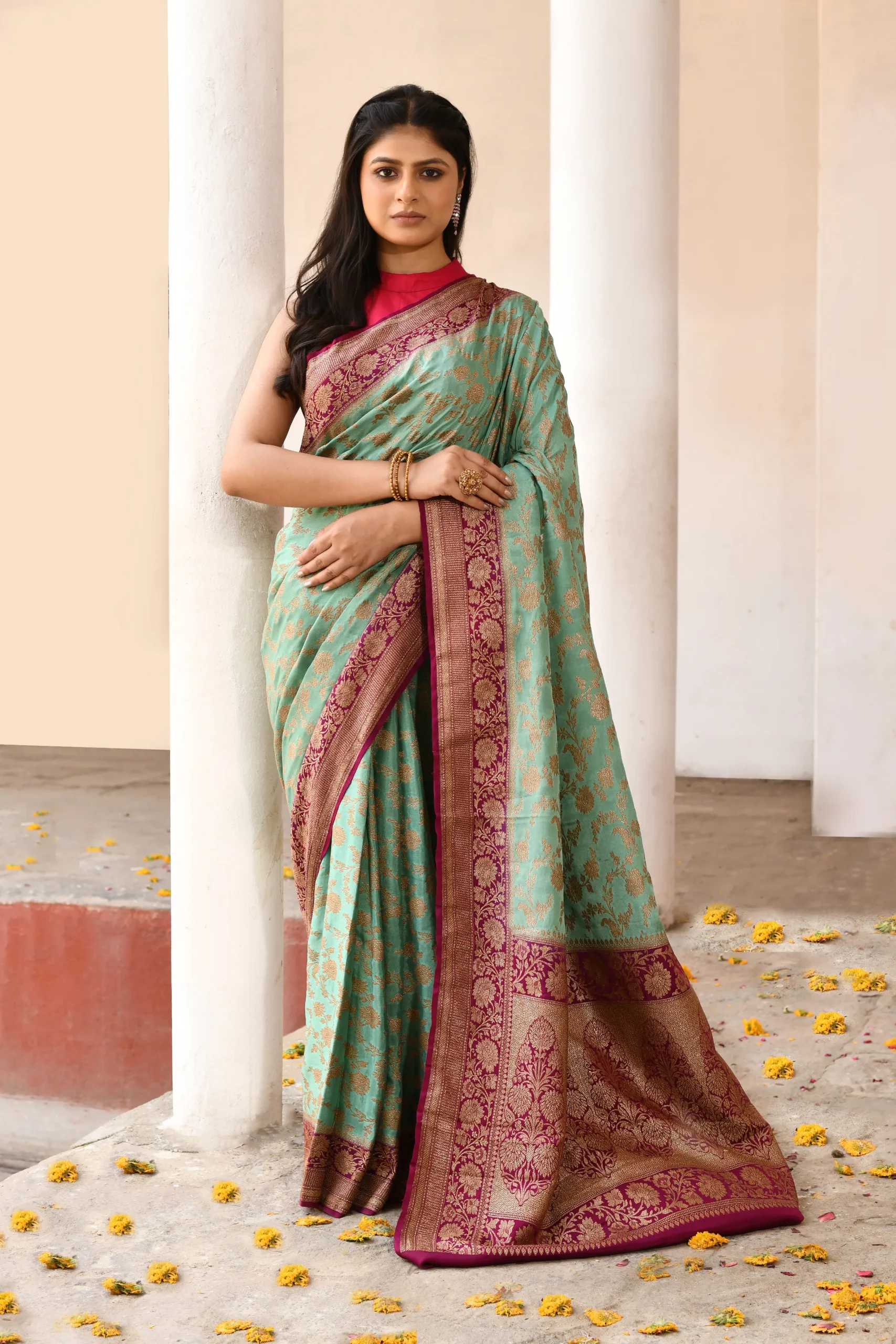 Pista Green Banarasi Saree with Gold Zari Floral and Paisley Motifs from Golden Muslin By Naaritva Banaras