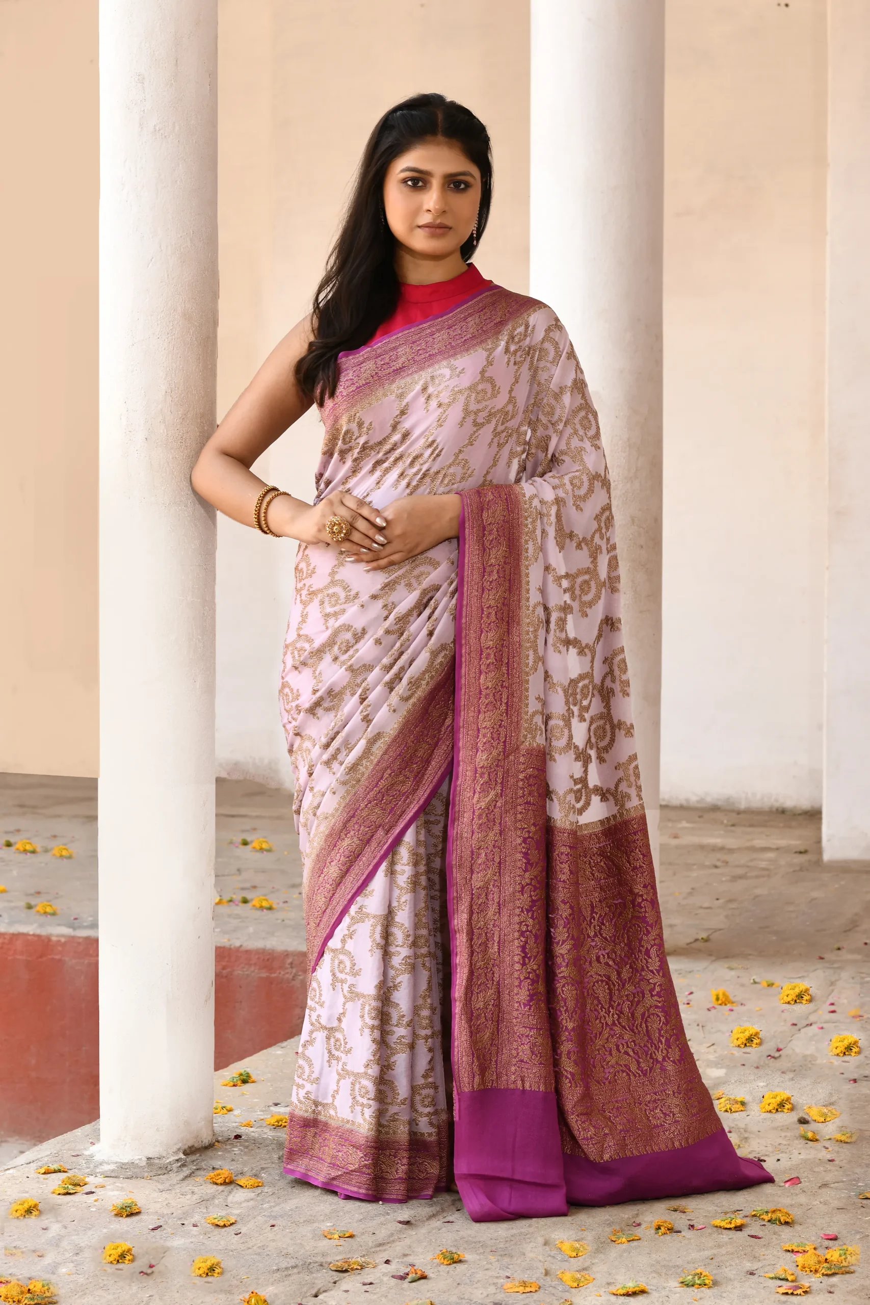 Pastel Lilac Rose Pure Banarasi Crepe Chiffon Silk Saree with Antique Gold Zari from Golden Muslin By Naaritva Banaras