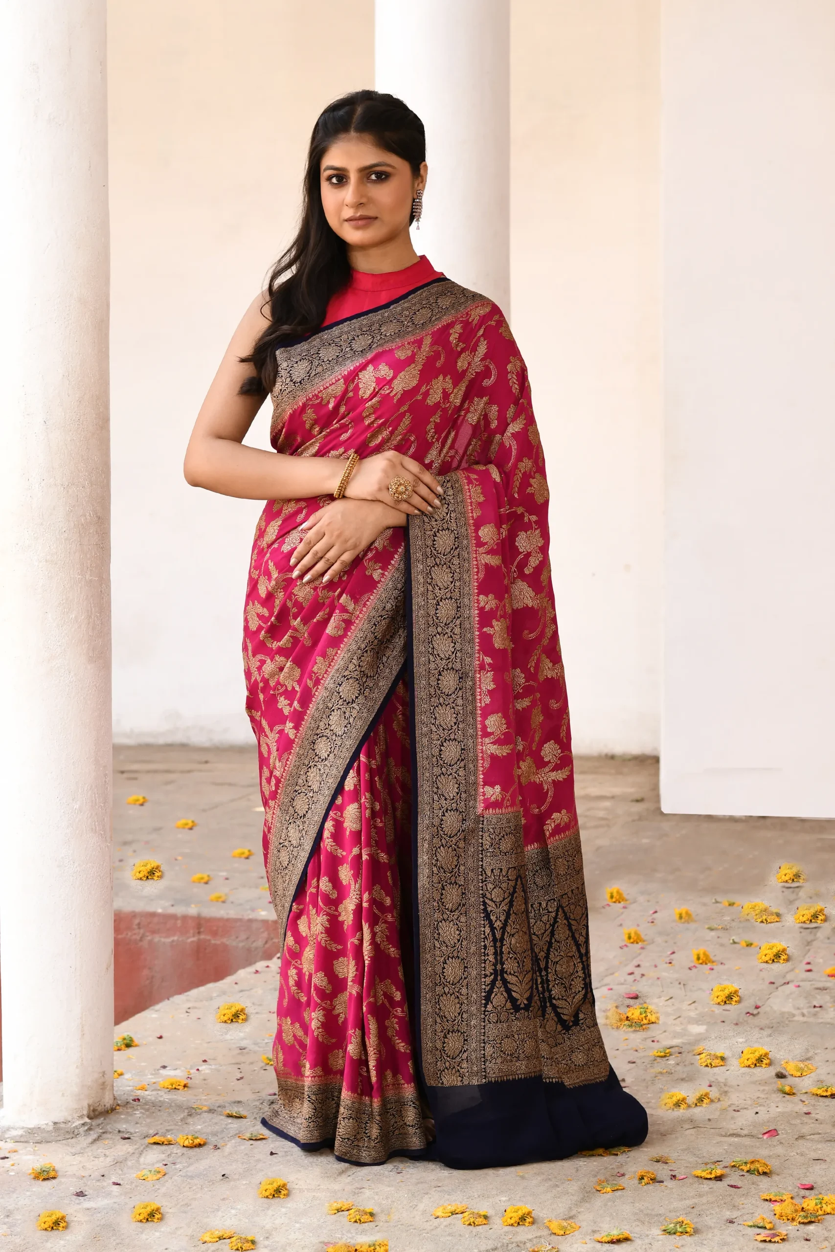 Deep Magenta Banarasi Saree with Gold Zari Floral Jaal and Blue Border from Golden Muslin By Naaritva Banaras