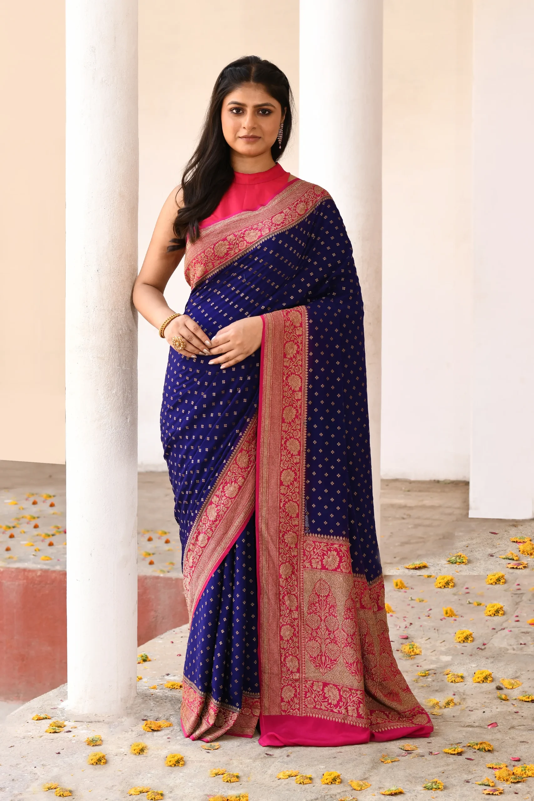 Deep Navy Blue Pure Banarasi Crepe Chiffon Silk Saree with Gold Zari Buti from Golden Muslin By Naaritva Banaras