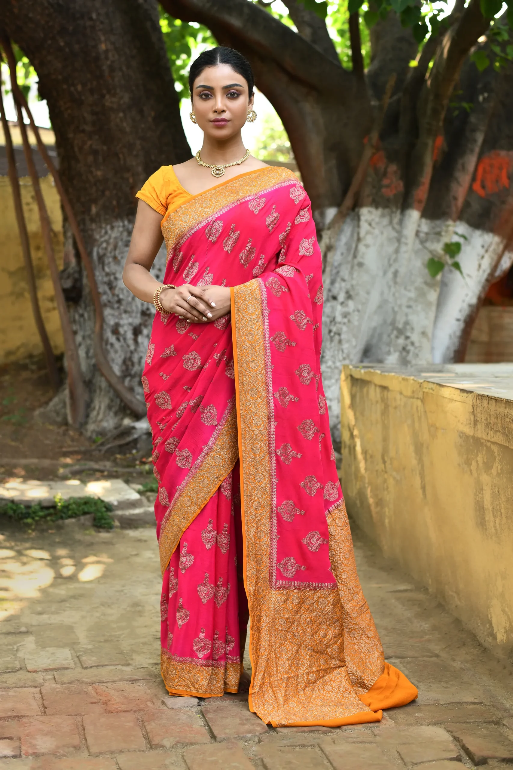 Bright Coral Pink Pure Banarasi Crepe Chiffon Silk Saree with Antique Gold Zari from Golden Muslin By Naaritva Banaras