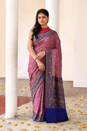 Rose Pink Pure Banarasi Crepe Chiffon Silk Saree with Antique Gold Zari from Golden Muslin By Naaritva Banaras