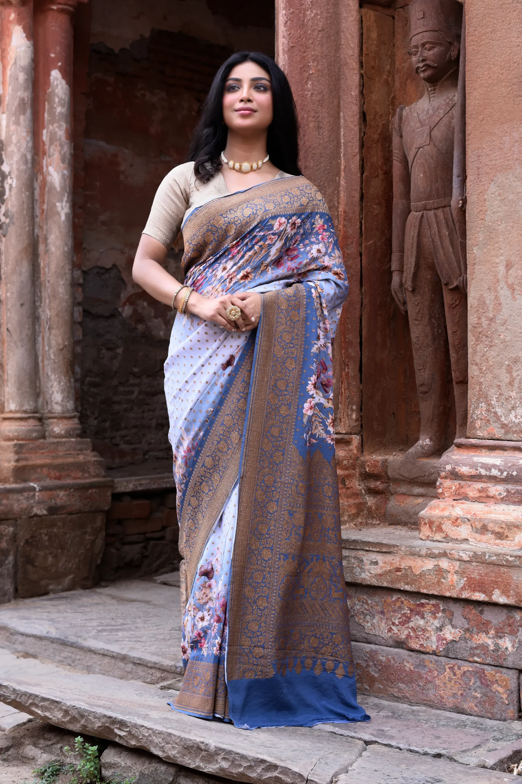 Dusky Blue Pure Banarasi Crepe Chiffon Silk Saree with Antique Gold Zari from Golden Muslin By Naaritva Banaras
