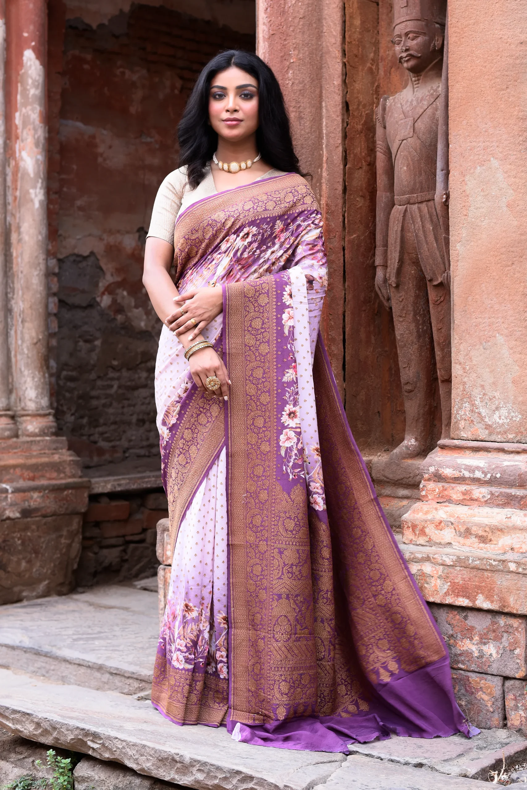 Lilac Pure Banarasi Crepe Chiffon Silk Saree with Antique Gold Zari from Golden Muslin By Naaritva Banaras