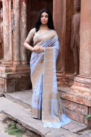 Soft Powder Blue Pure Banarasi Crepe Chiffon Silk Saree with Antique Gold Zari from Golden Muslin By Naaritva Banaras