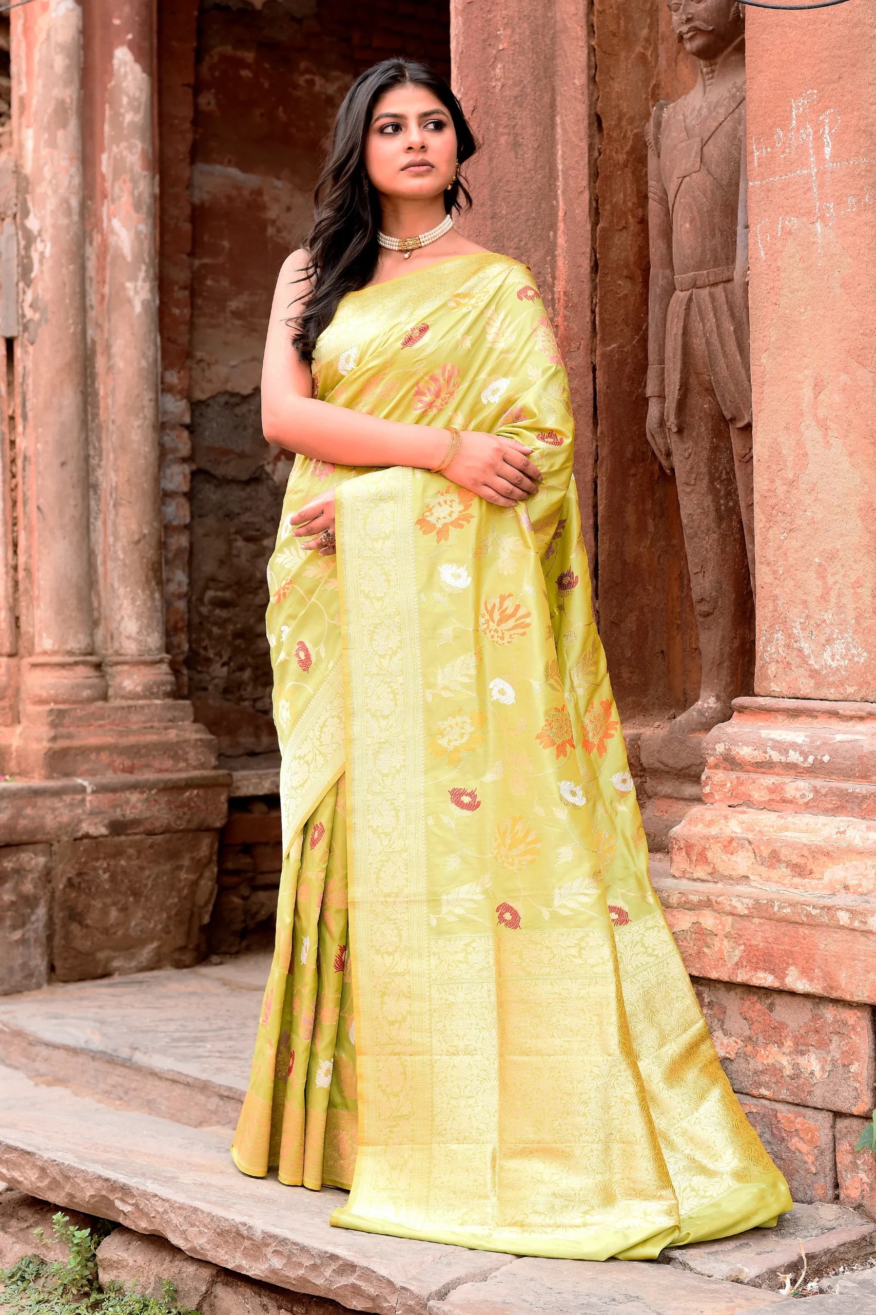 Soft Lime Green Pure Banarasi Katan Silk Saree with Antique Gold Zari Butti from Golden Muslin By Naaritva Banaras