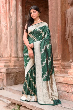 Deep Emerald Green Pure Banarasi Katan Silk Saree with Gold Zari Border from Golden Muslin By Naaritva Banaras