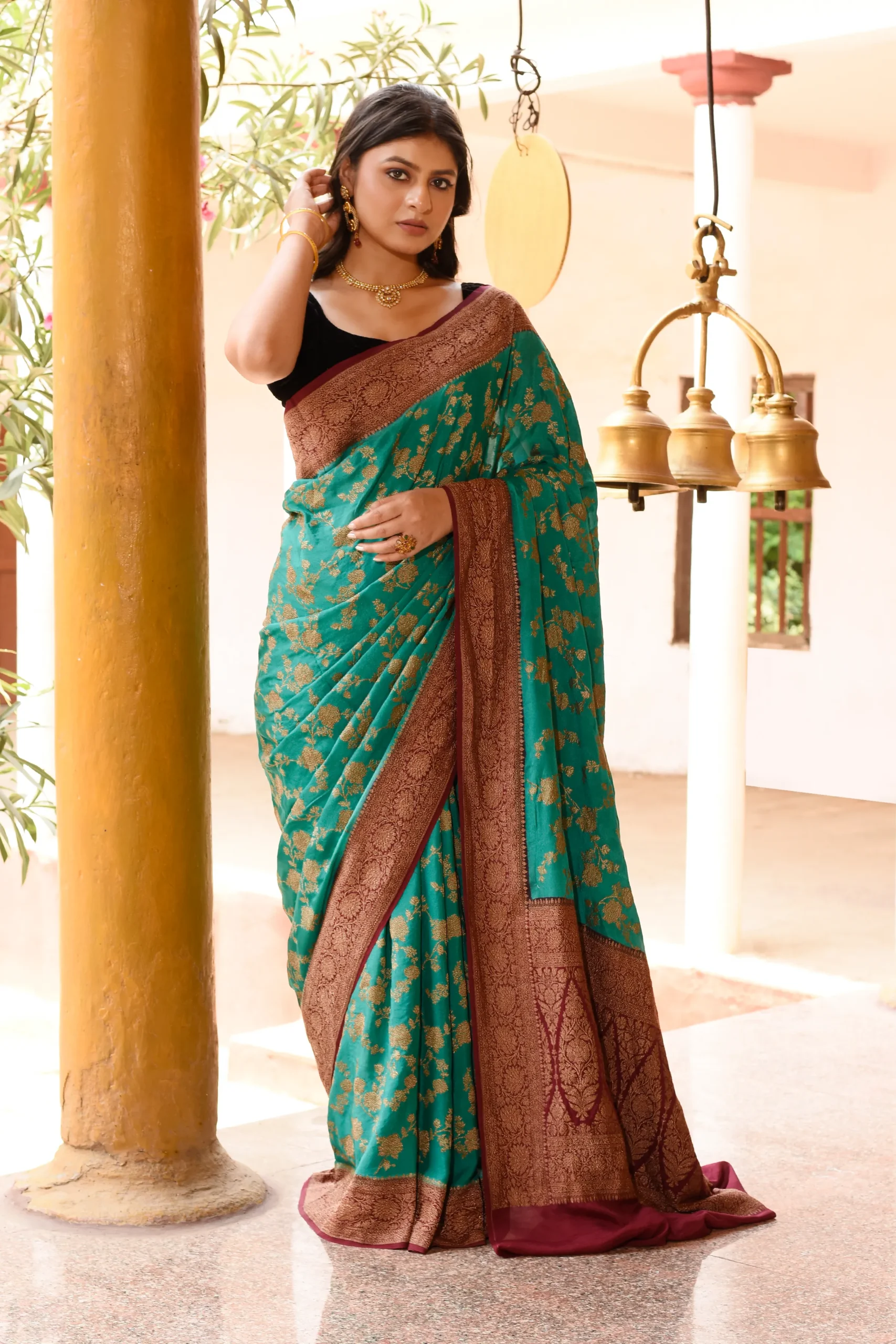 Teal Green Pure Banarasi Crepe Chiffon Silk Saree with Gold Zari Jaal from Golden Muslin By Naaritva Banaras