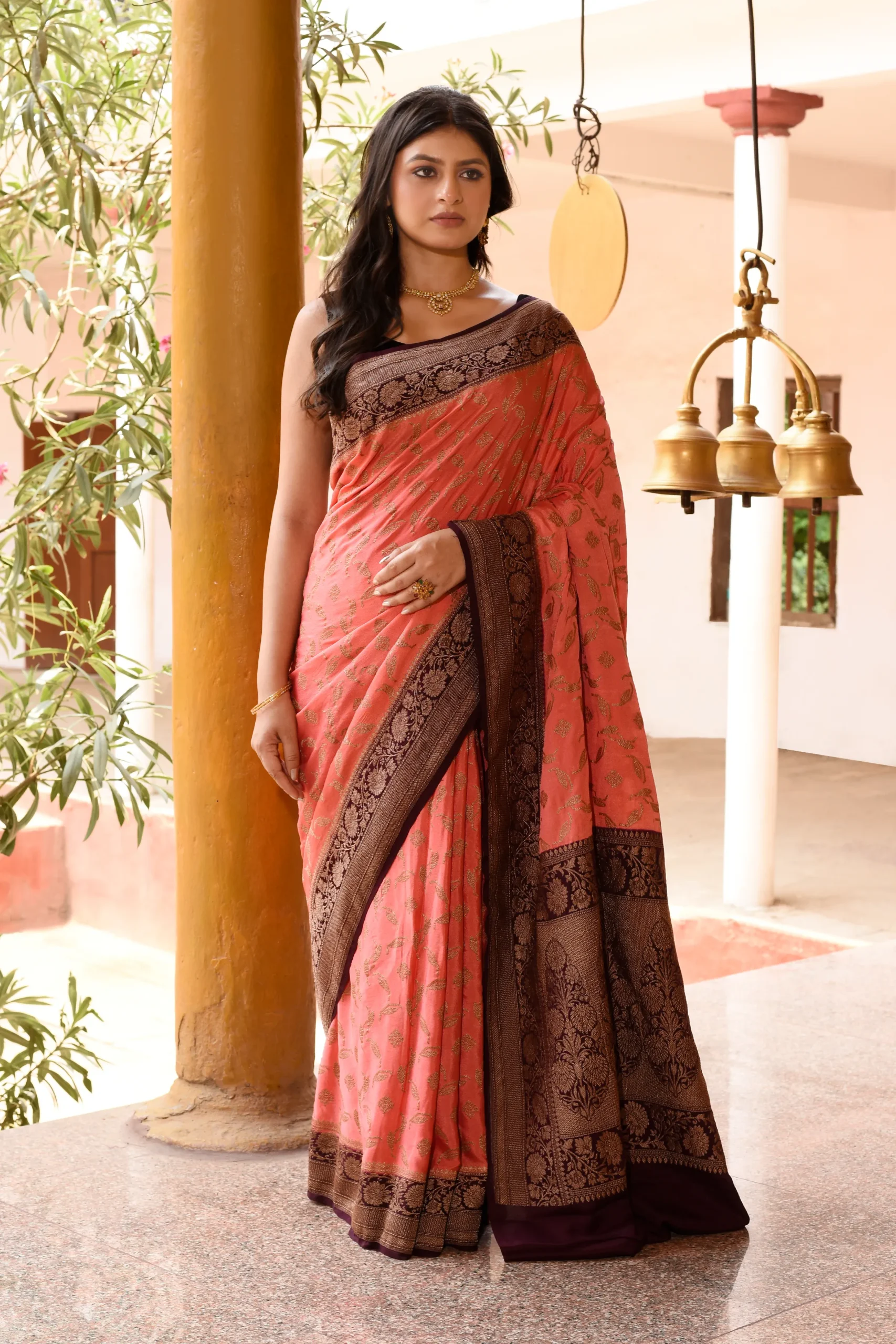 Coral Pure Banarasi Crepe Chiffon Silk Saree with Gold Zari Jaal from Golden Muslin By Naaritva Banaras