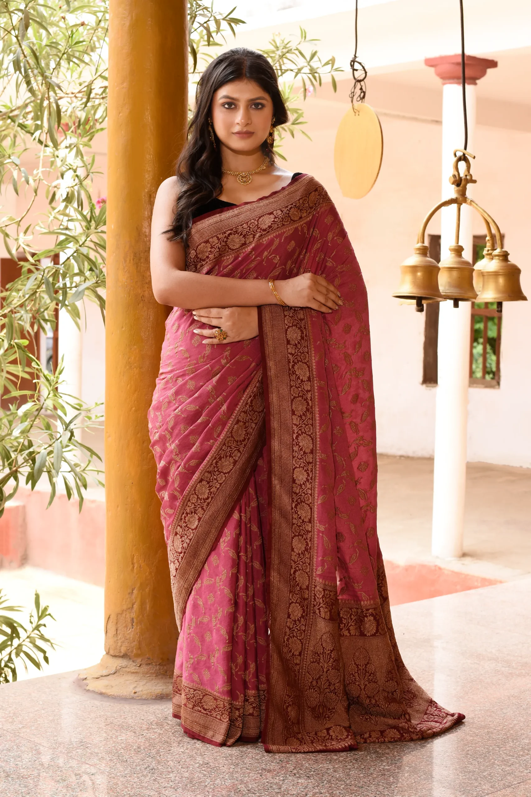 Dark Pink Pure Banarasi Crepe Chiffon Silk Saree with Gold Zari Jaal from Golden Muslin By Naaritva Banaras