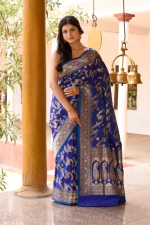 Royal Blue Banarasi Soft Silk Saree with Silver Zari Floral Jaal from Golden Muslin By Naaritva Banaras