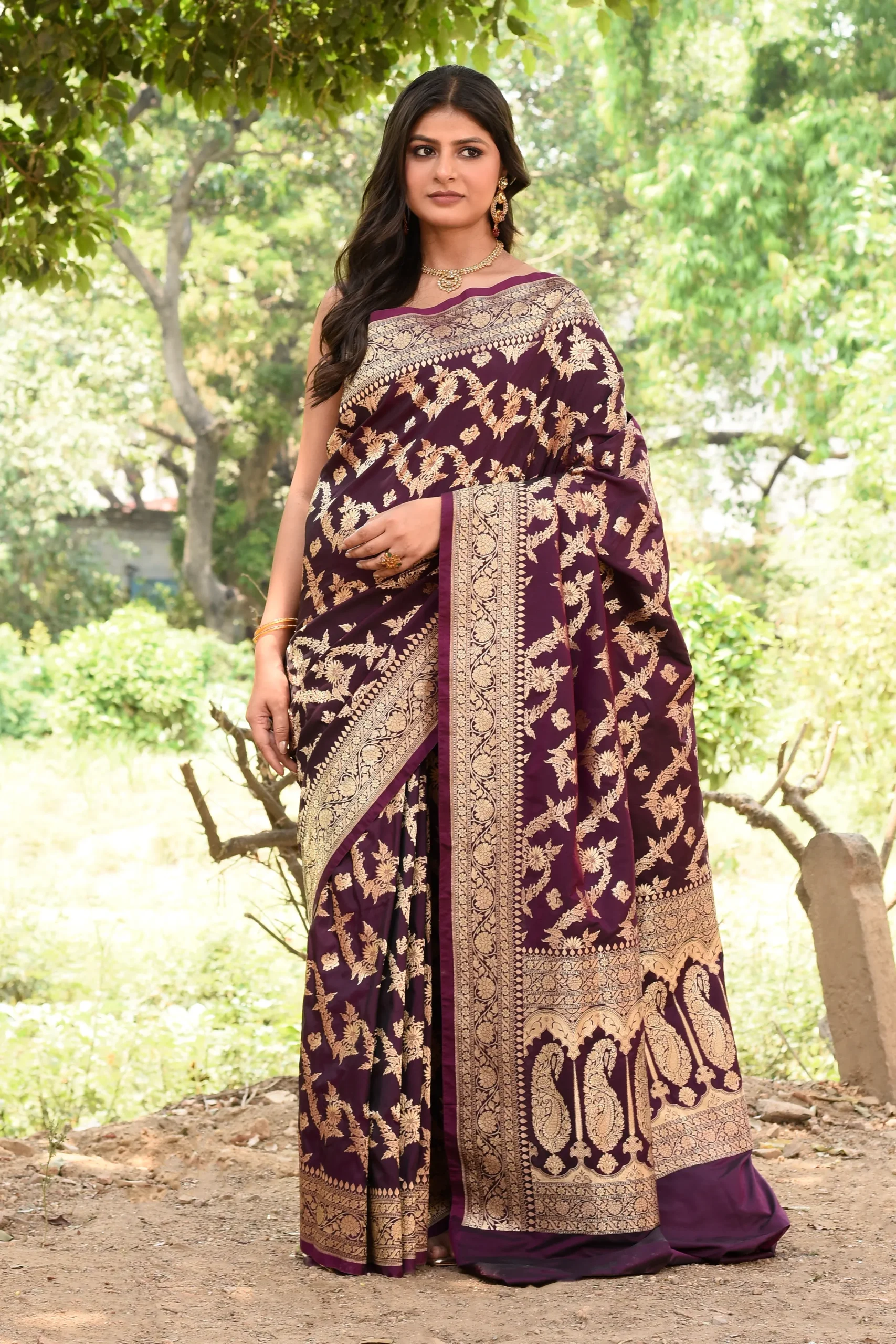 Wine Banarasi Soft Silk Saree with Gold Zari Floral Jaal from Golden Muslin By Naaritva Banaras