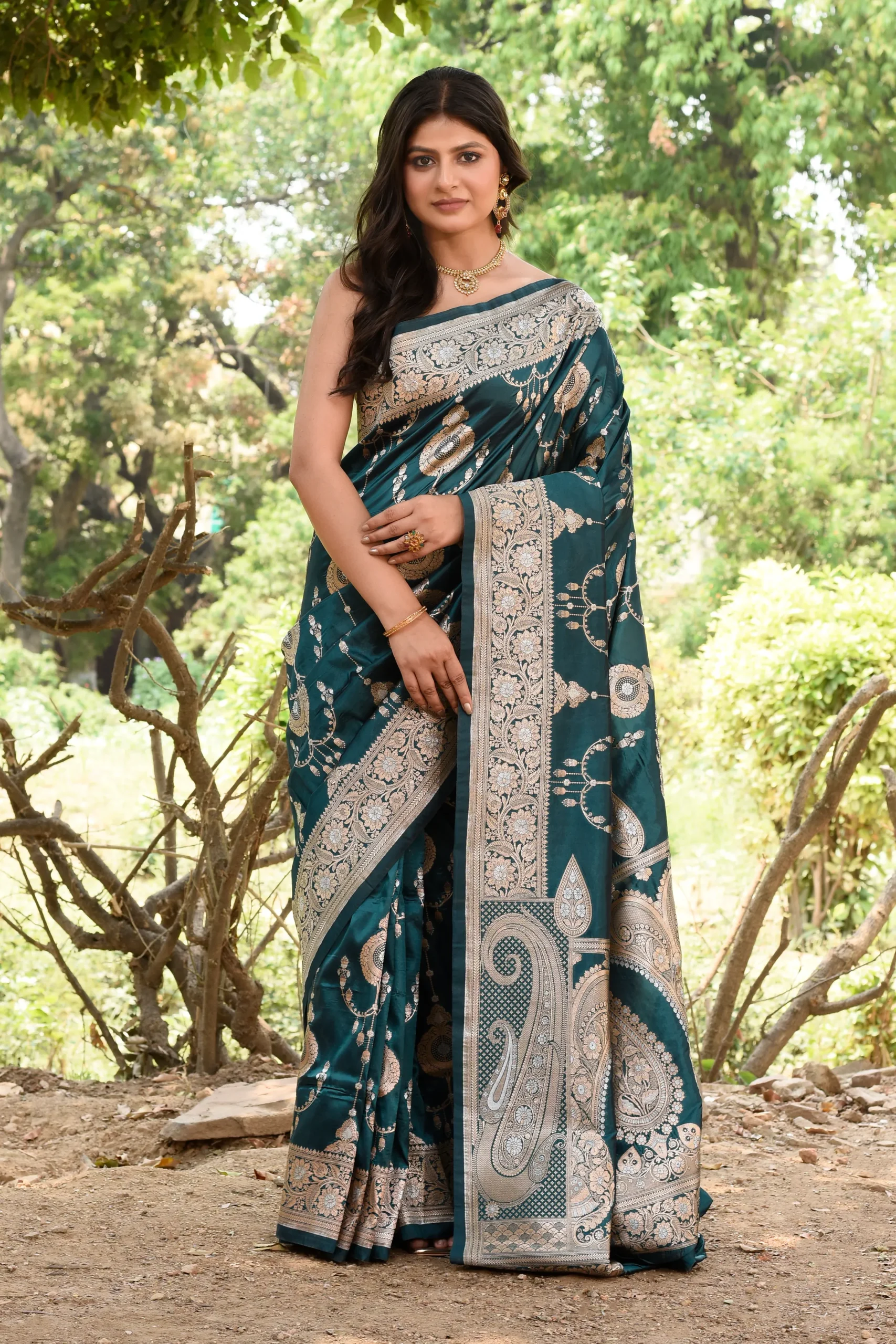 Deep Teal Green Banarasi Soft Silk Saree with Gold Silver Zari from Golden Muslin By Naaritva Banaras